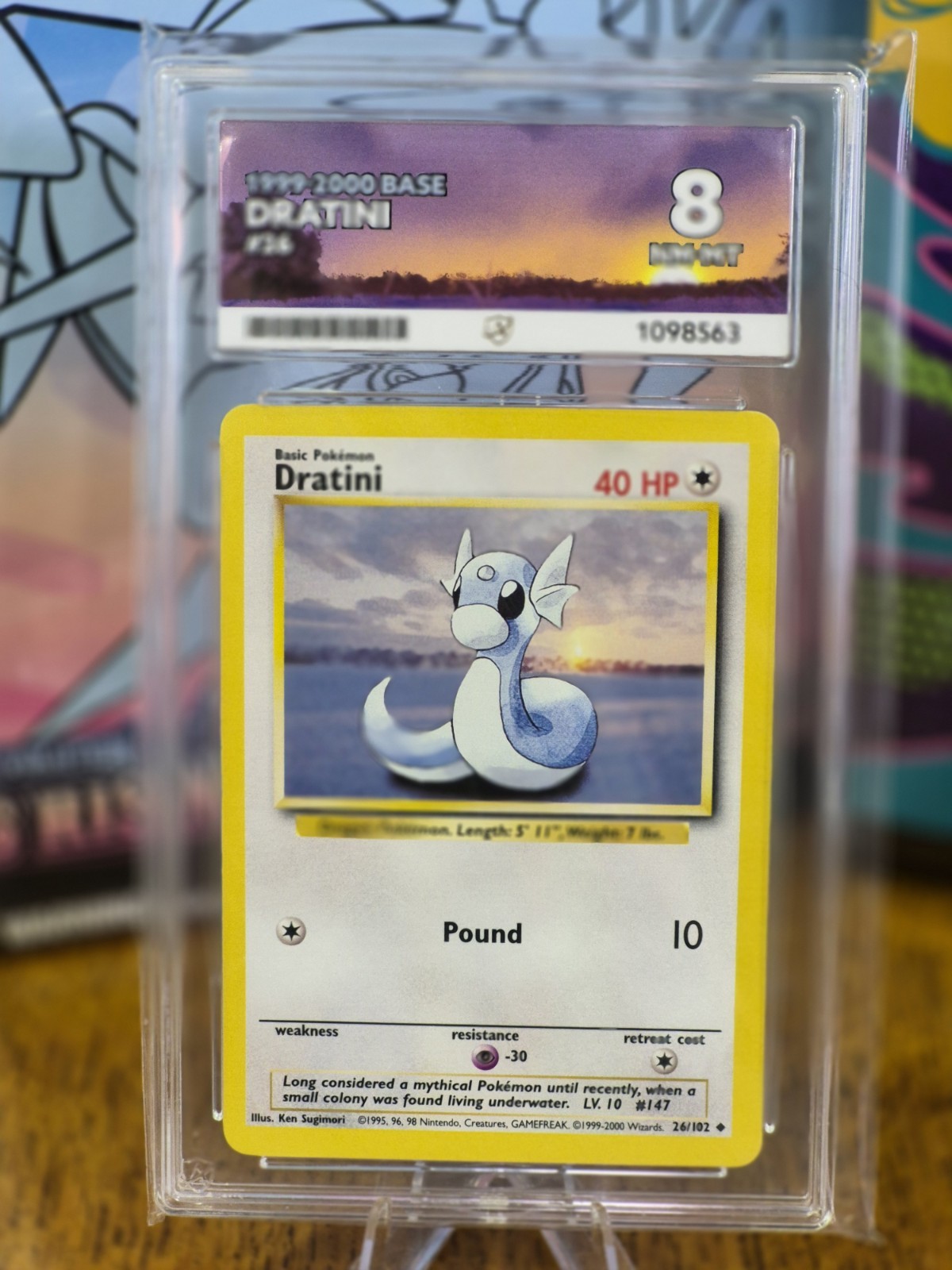 1999 Dratini Base Set Pokemon Card 26/102 Unlimited Ace Grade 8