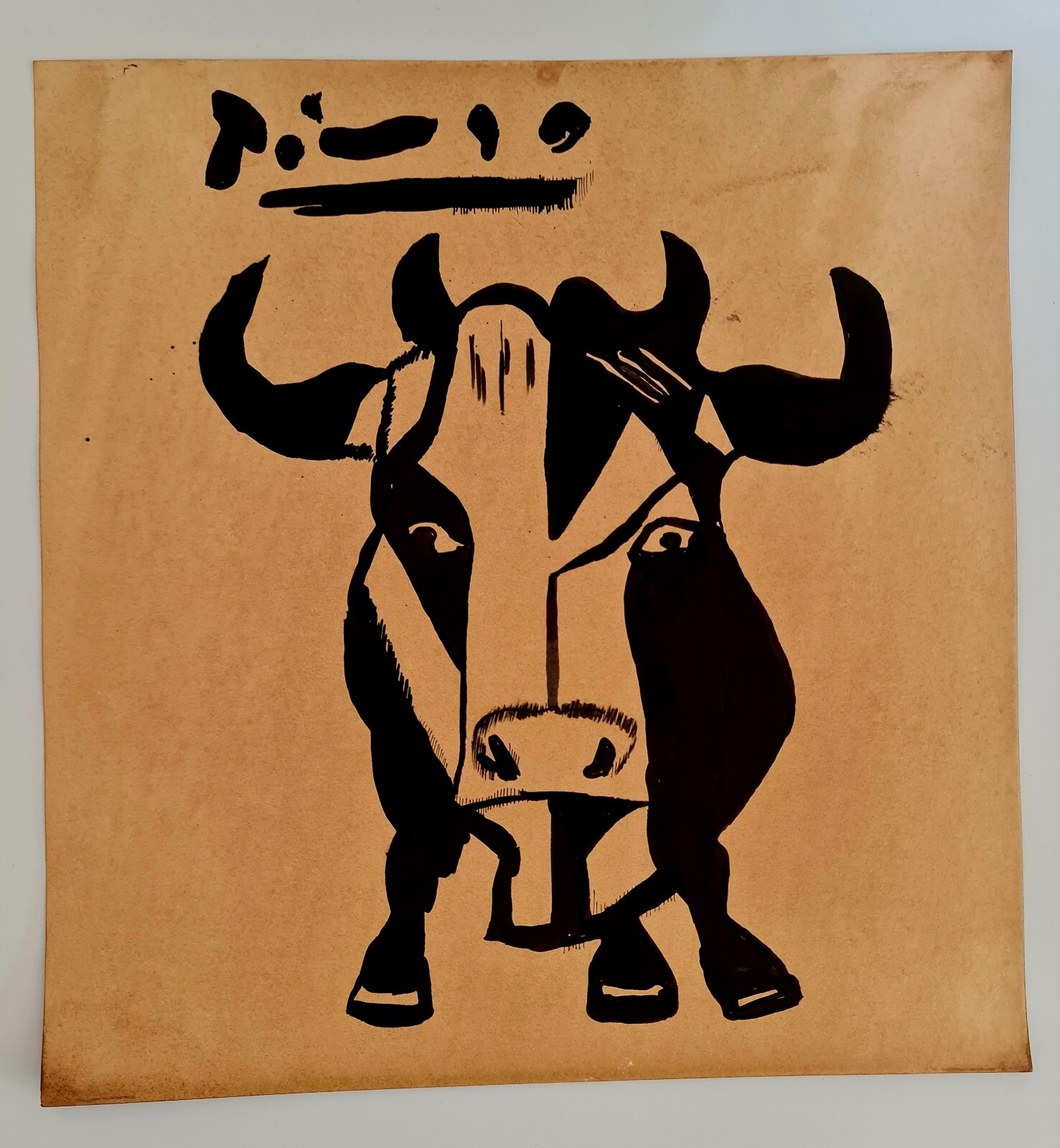PABLO PICASSO,HANDMADE INK DRAWING ON OLD CARDBOARD, SIGNED, STAMPED