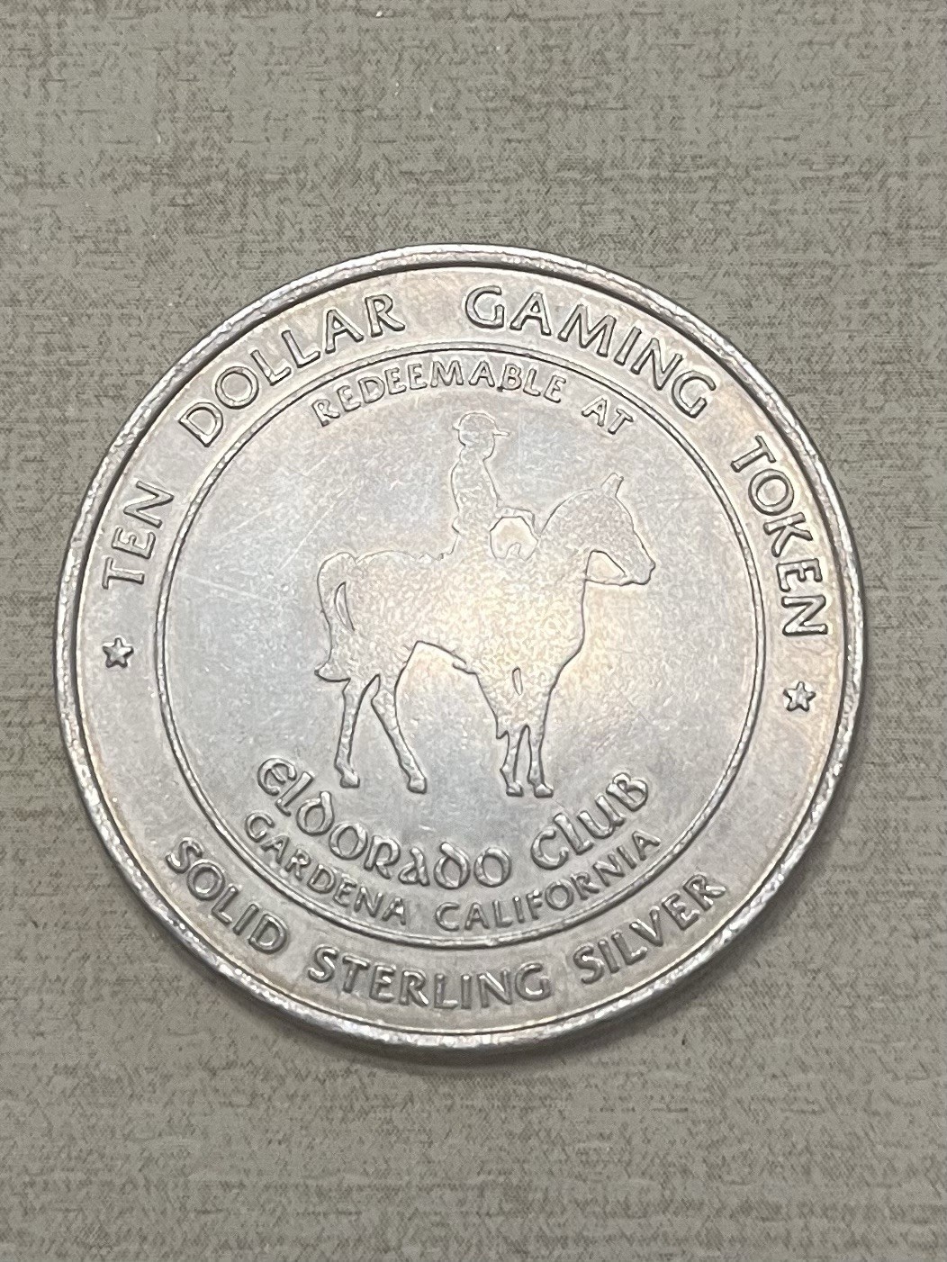 .925 SILVER – 1976 CALIF CARD ROOM TOKEN – $10.00 – ELDORADO CLUB – GARDENA CA
