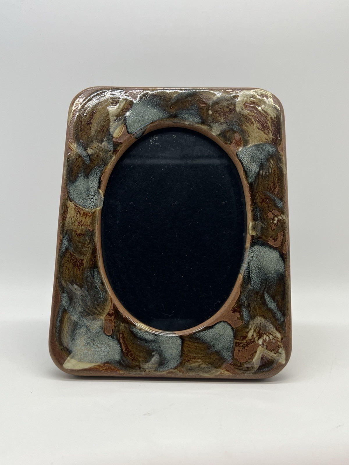 Vintage Glazed Pottery Picture Frame Stoneware Ceramic Photo Brown Rust Blue