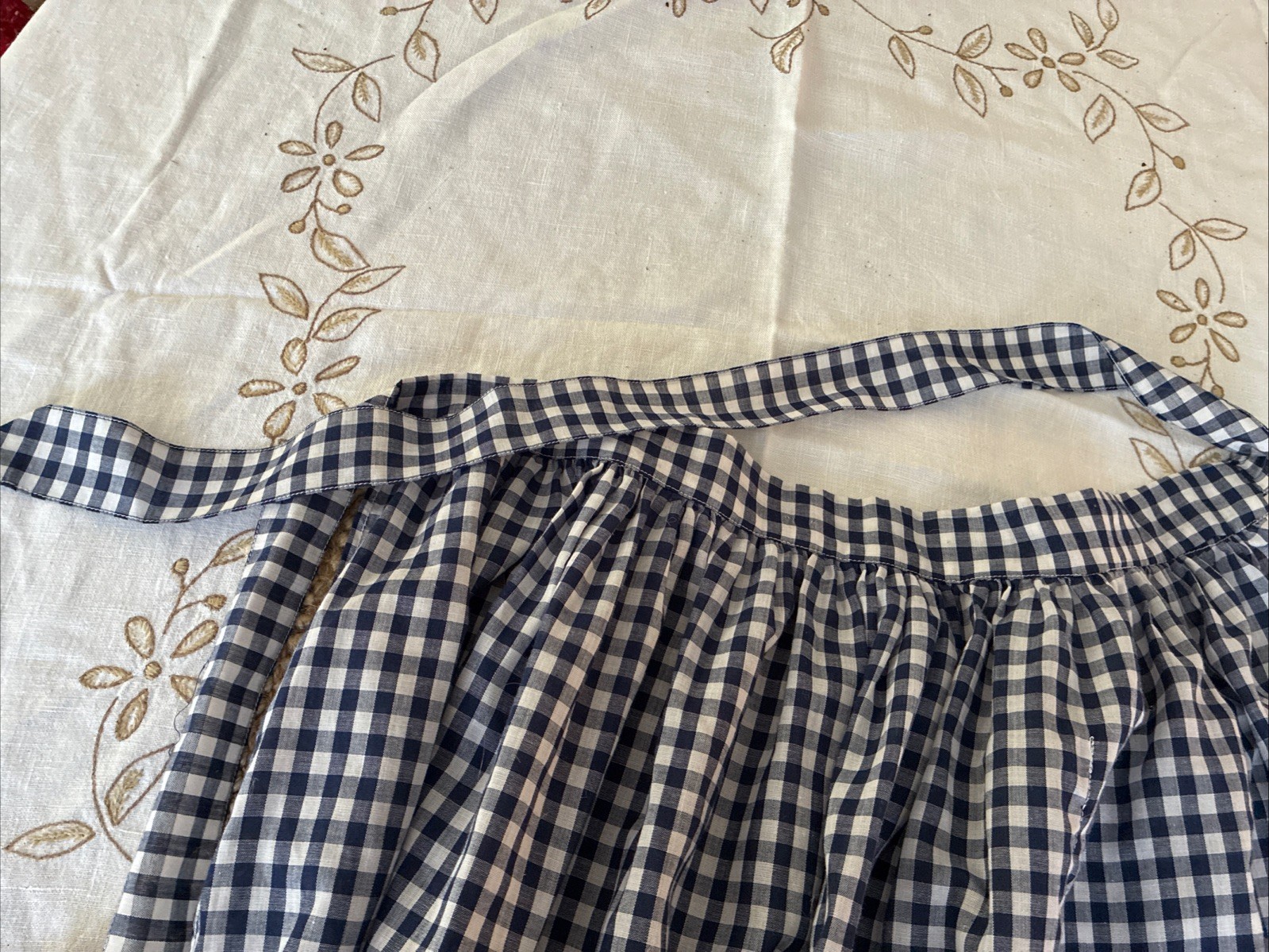 Vintage Navy And White Gingham Checked Embroidery Cross Stitch Apron