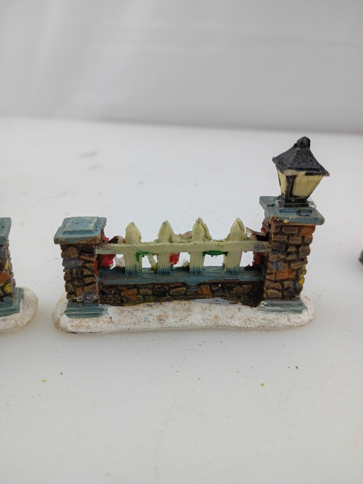 Square Village Lamp post , And 2 Brick Stone Wall Fence Christmas Village Town