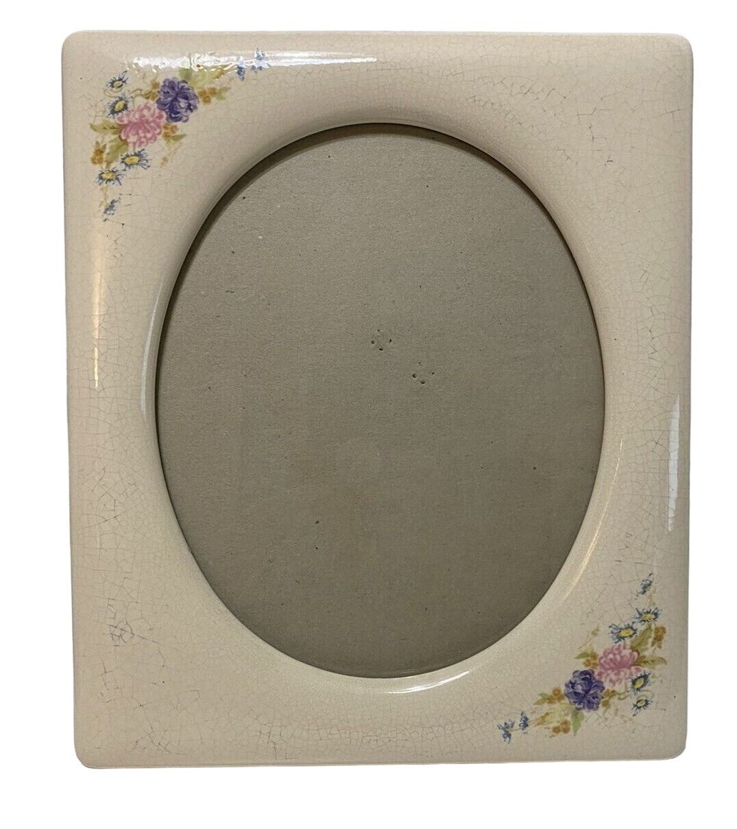 Vintage Ceramic Porcelain Picture Frame White w/Floral Design Oval 9.5 x 8 Photo