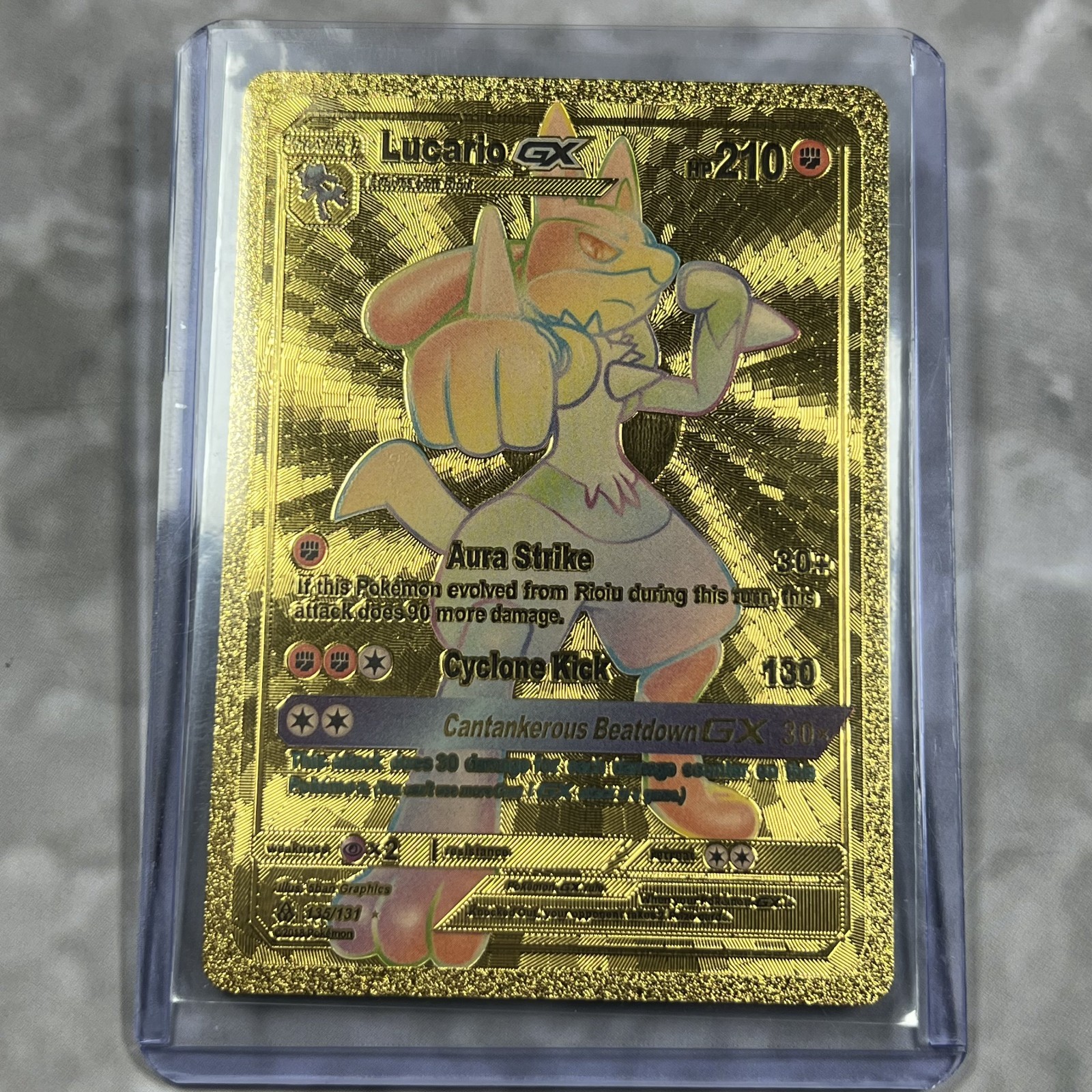 Lucario GX Pokemon Gold FAN ART Card Embossed Collectible 135/131 Rainbow
