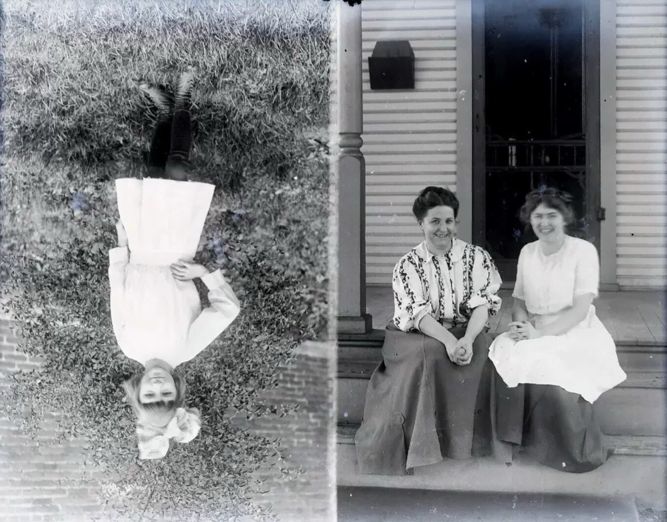 6.5×8.5 Glass Negative Smiling Women & Girl With Bow in Hair Dual Photo
