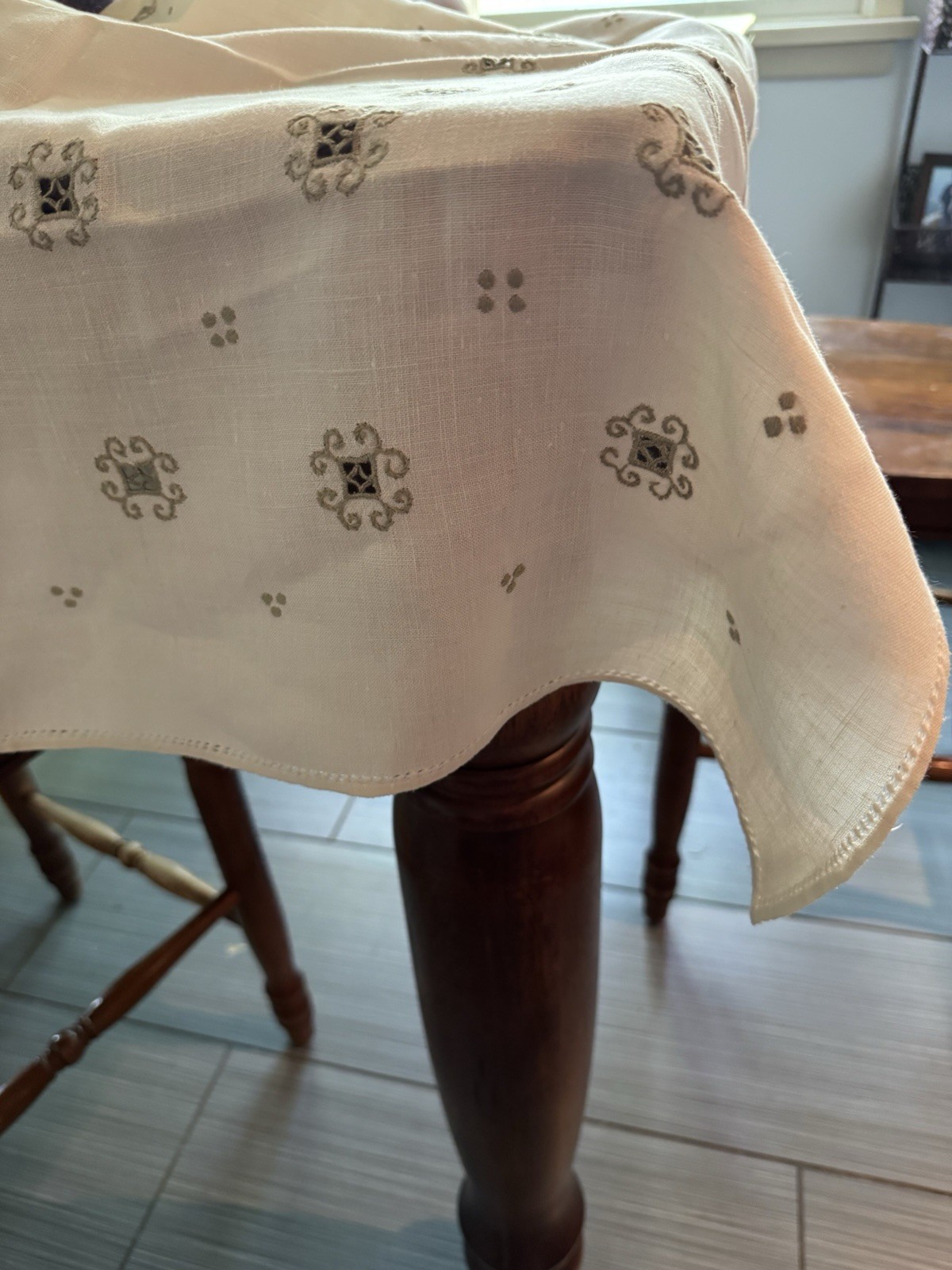 Vintage Embroidered Linen Table Topper 32.5” Square Card Table Cloth