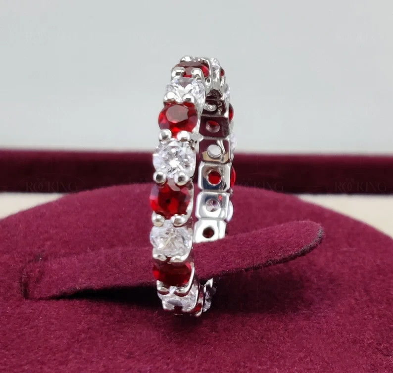 Ruby & Diamond 14K White Gold Over Wedding Anniversary Full Eternity Band Ring