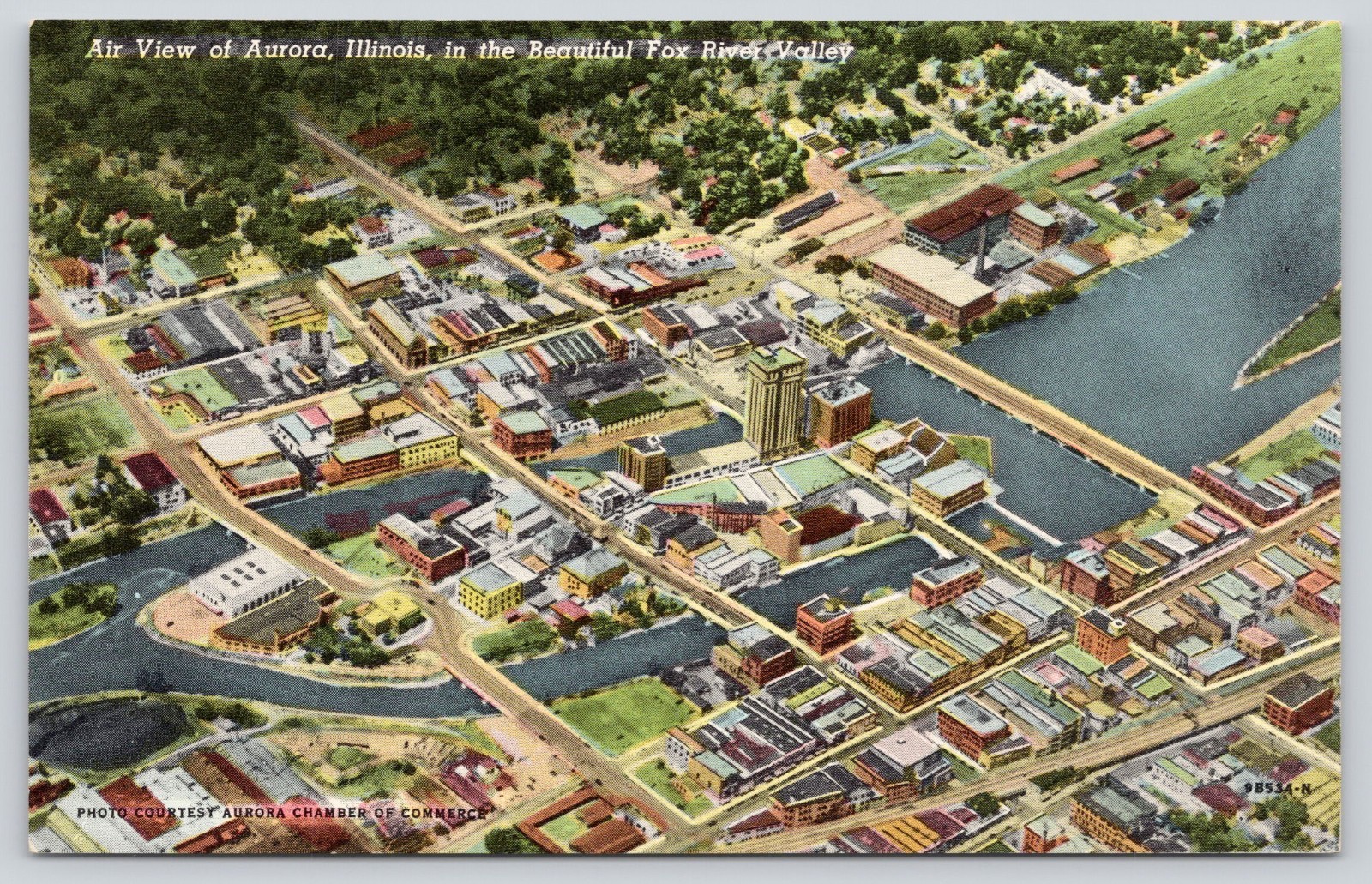 Aerial View of Aurora IL Illinois Postcard 1940s beautiful fox river valley