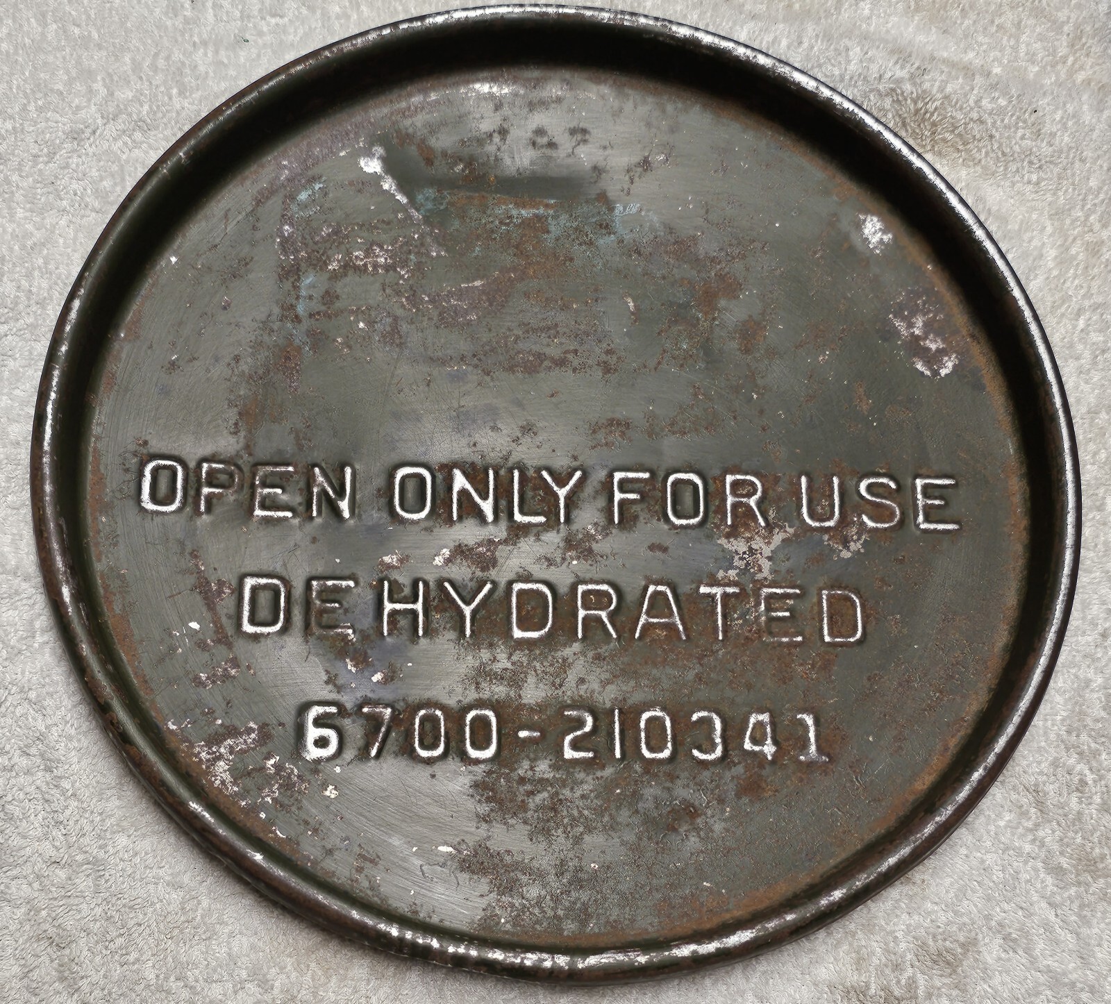 Vintage 1950 Special Military Metal Drum Top Open Only For Use Dehydrated Sign