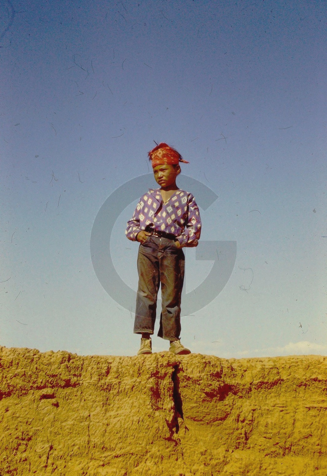 Native American Indian Poses Boy On a Hill, Navajo? Hopi?: 1940’s 35mm Slide