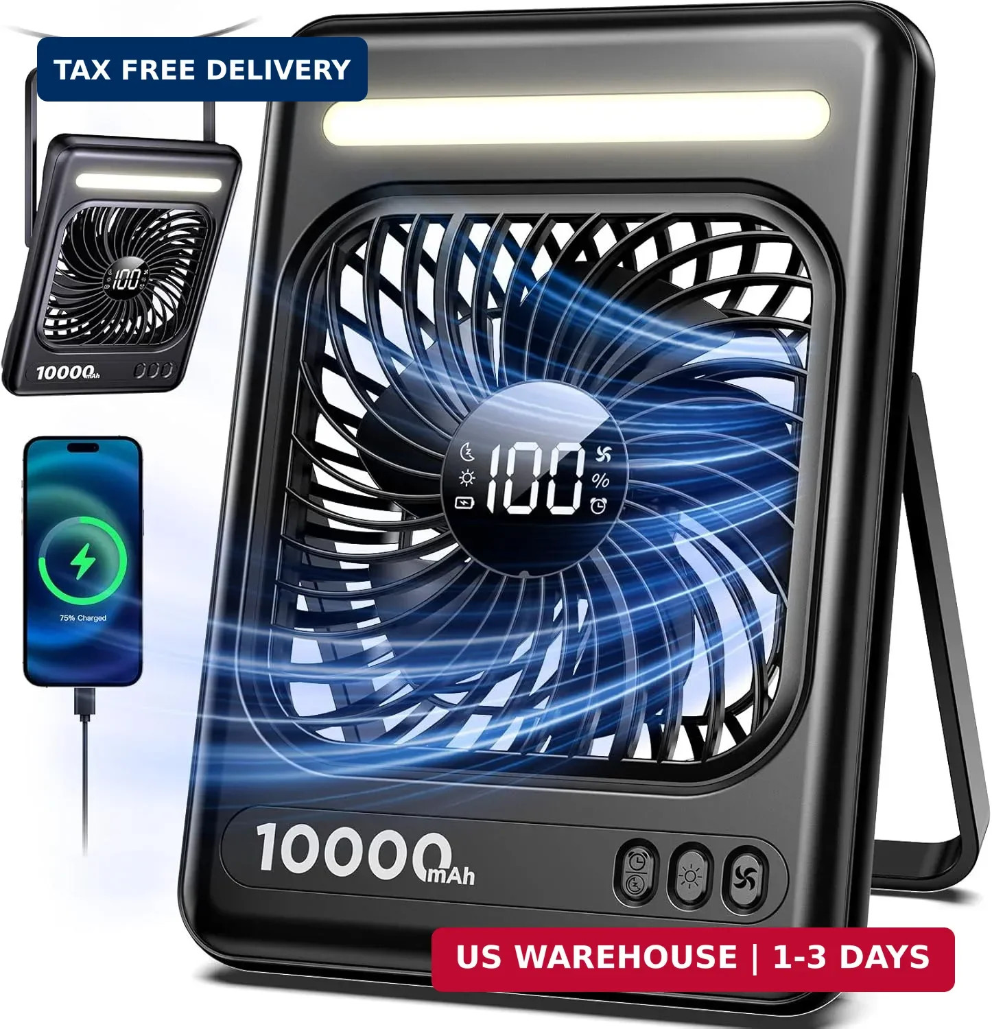 10000mAh Portable Travel Fan, 5 Speeds Strong Wind Cruise Fan with LED Lantern,