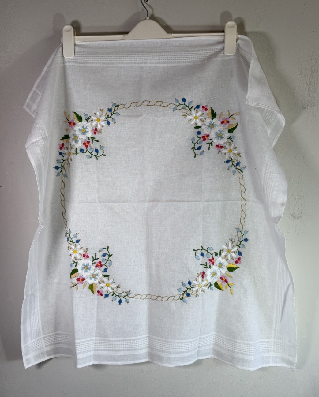 Tablecloth White Embroidered Multi Colour Florals 75 cm Square Vintage Cotton