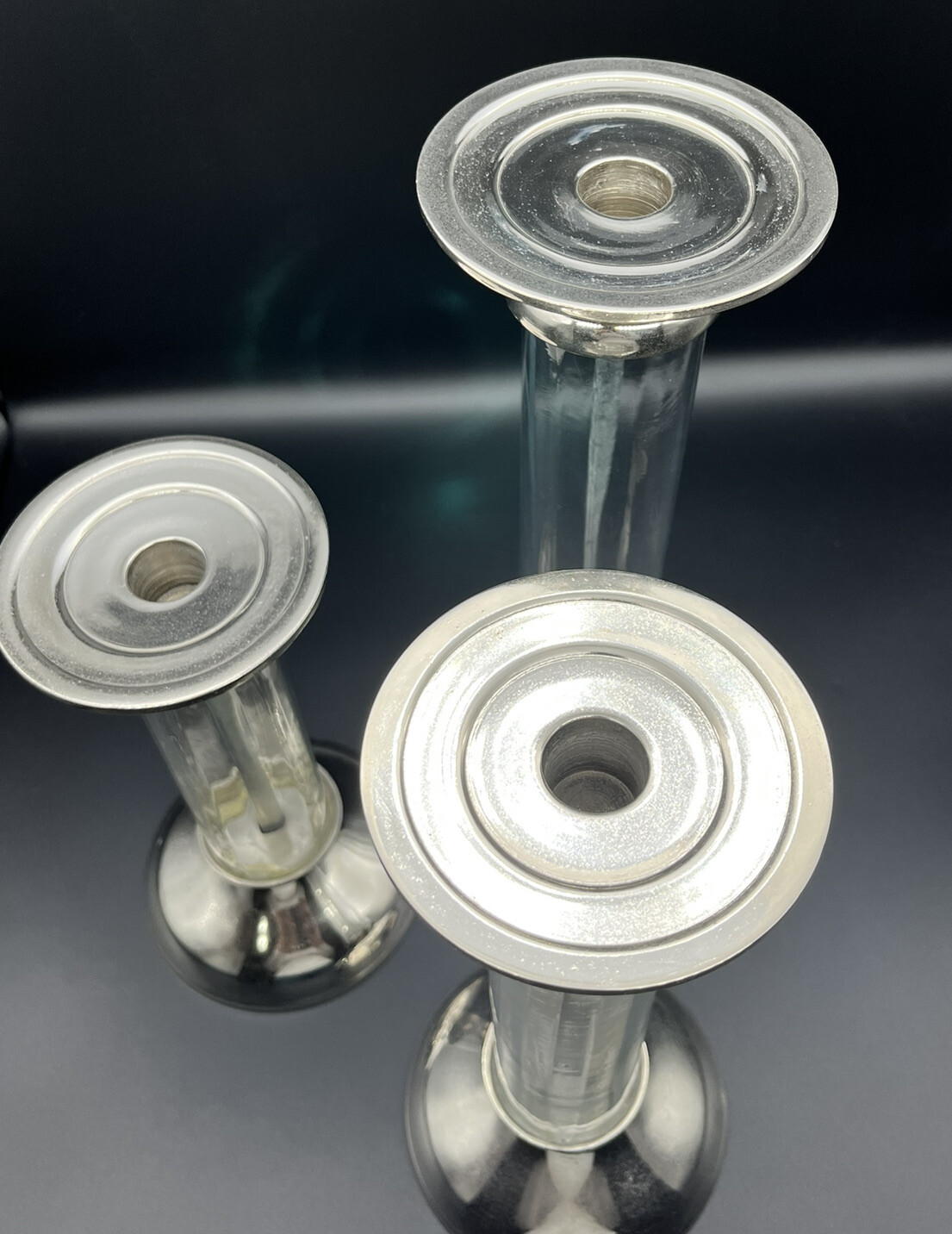 SEARS Candle Holders Graduated Sizes Glass & Nickel India Set of 3 Vintage