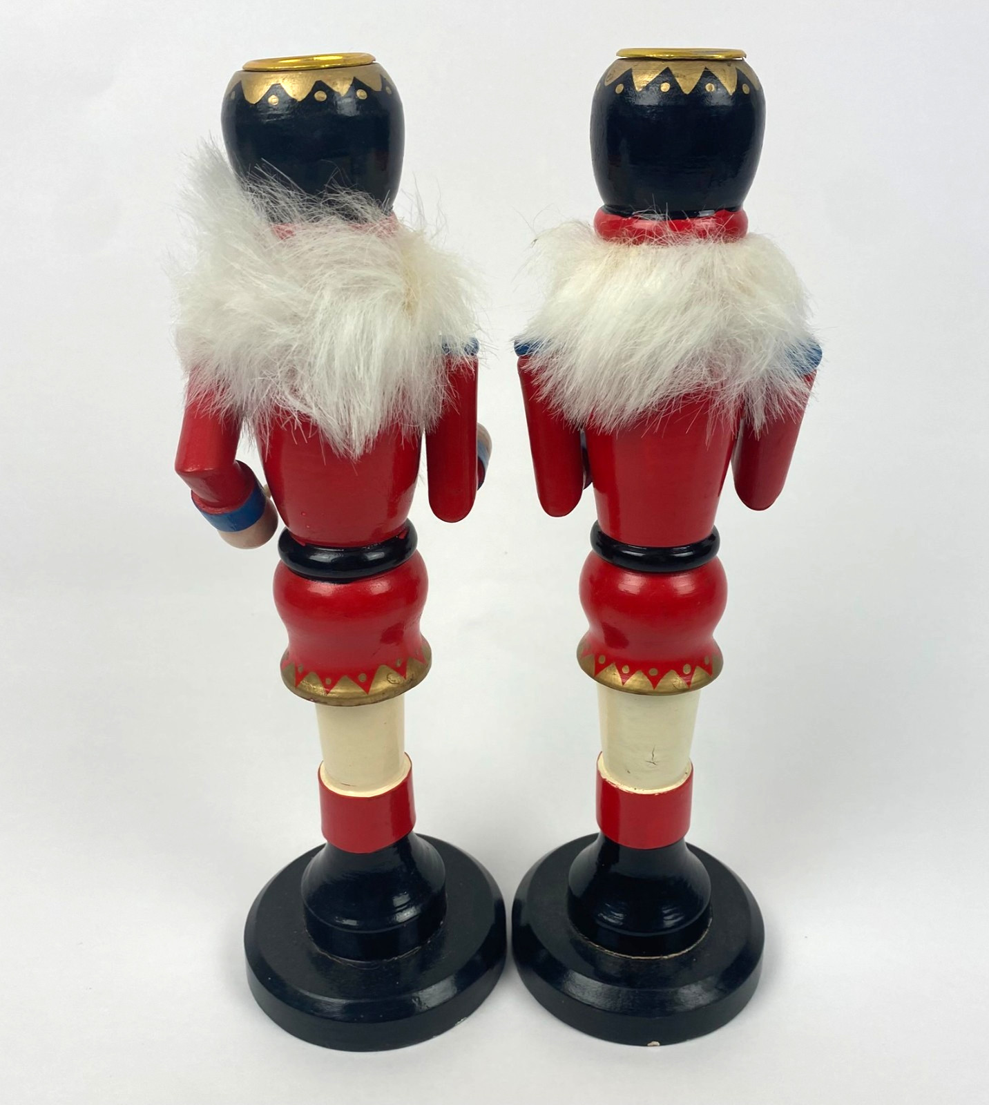 PAIR Lefton Nutcracker Soldier Wooden Candle Stick Holders Red Drum 10” Vintage
