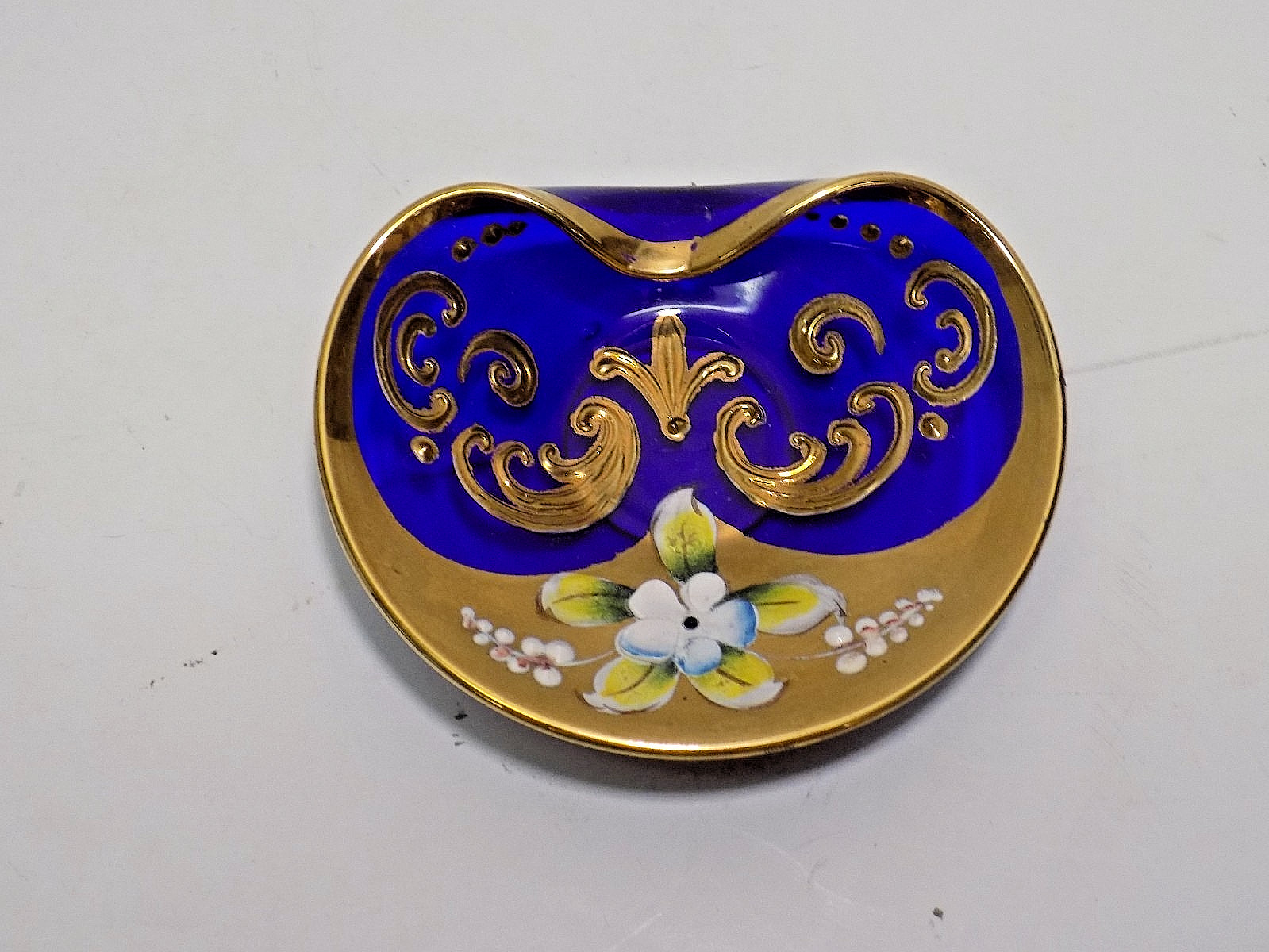 2 MURANO Ruby / Cobalt Glass Hand Painted Enameled Flowers Gilded Trinket Dishes
