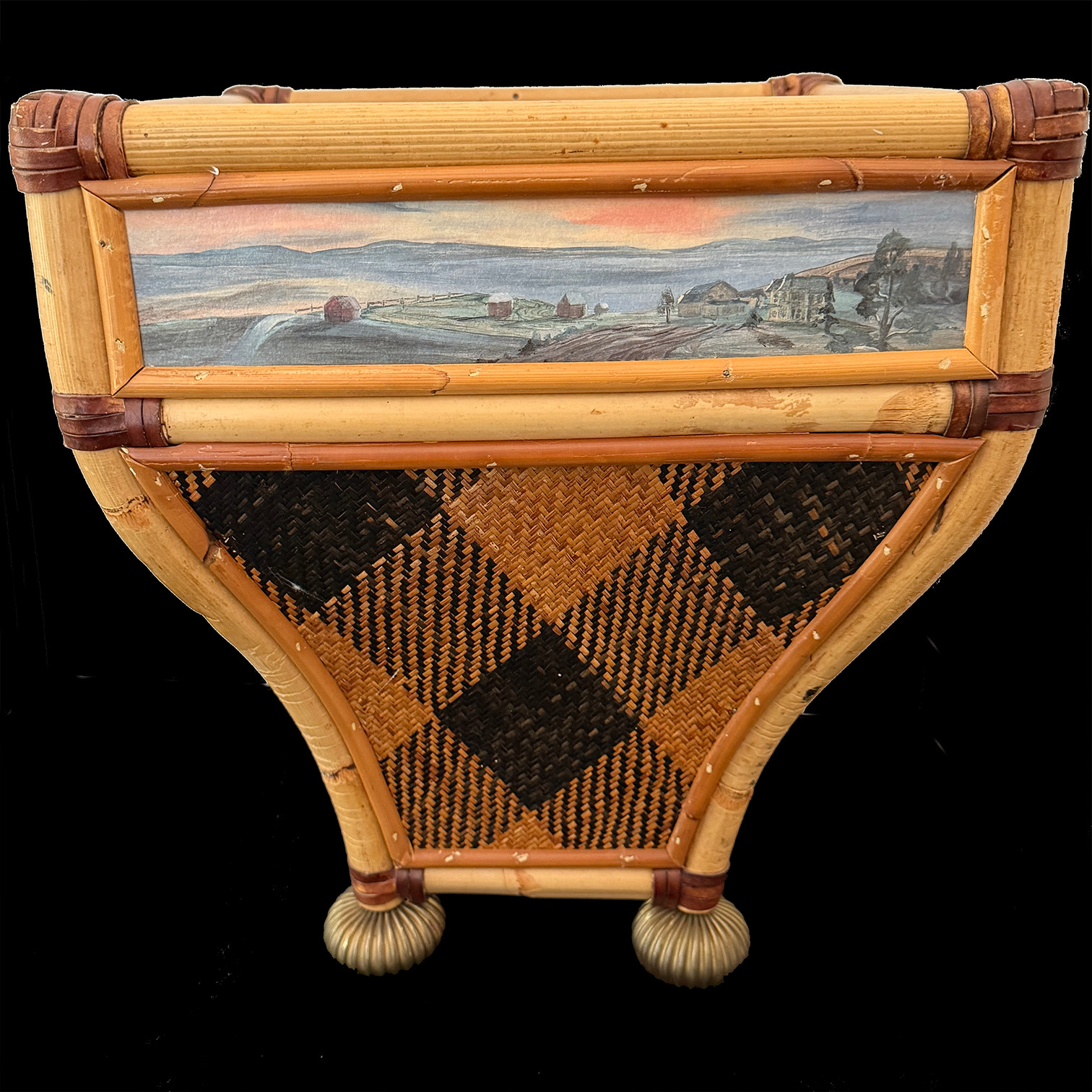 VTG MacKenzie Childs Ajiro Rattan Wicker Bamboo Footed Basket Hand Painted-RARE