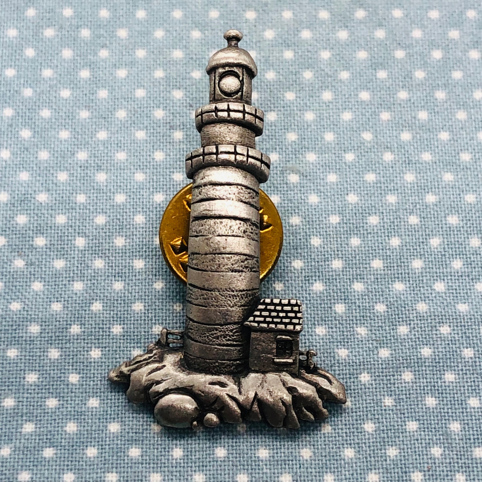 Vtg JJ Jonette Lighthouse Brooch Lapel Pin in Silver Tone Signed