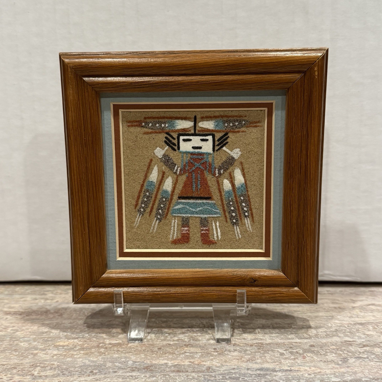 Vintage Navajo Native American Folk Art Style Sand Painting-Framed With Stand