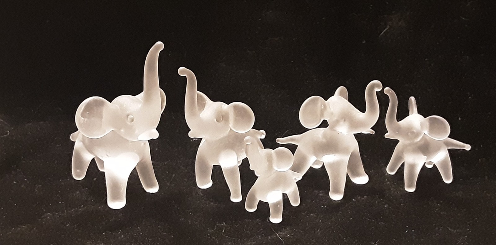 5 Vintage Miniature Satin Frosted Glass Elephants, Trunk Up for Good Luck