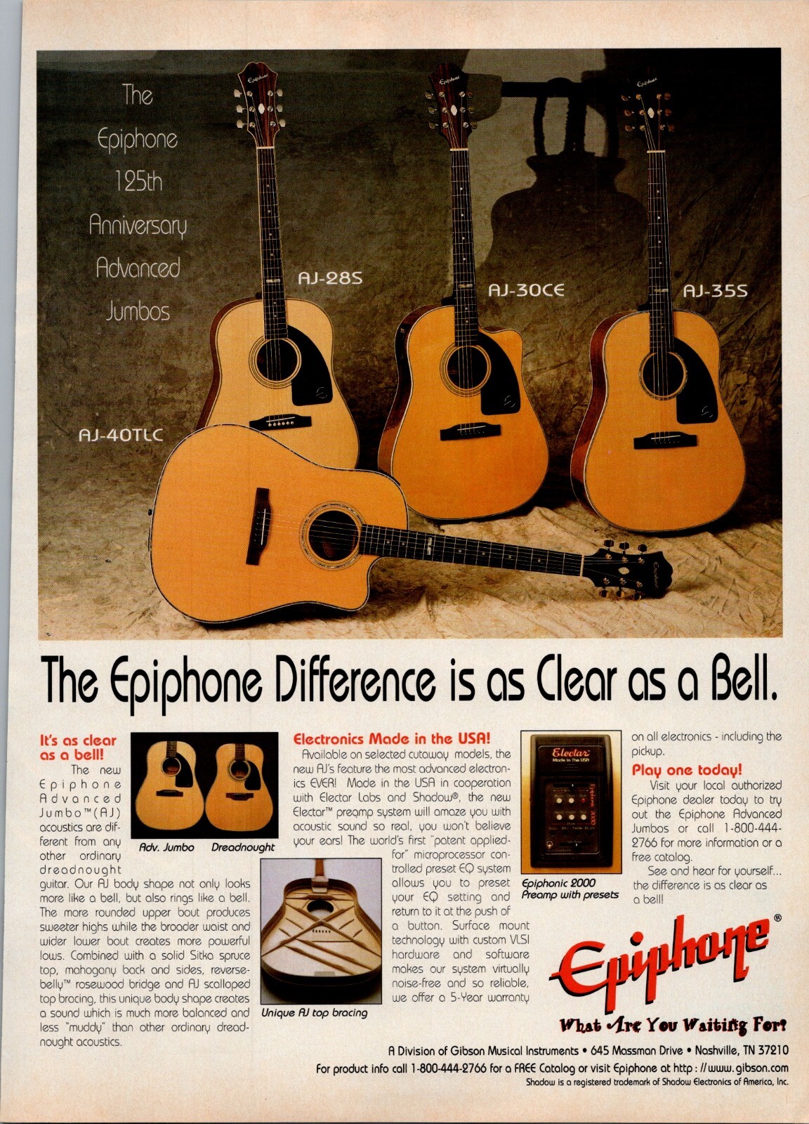 1999 • EPIphoNE ACOUStiC print ad • AJ-40TLC 28S 30CE 5S 1990s Guitar ADV-63