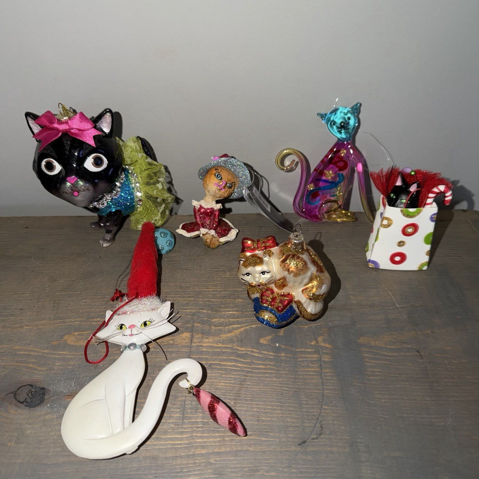 Cat Christmas Ornaments Lot Of 6 Robert Stanley , KLS , Murano Style Glass & Mor