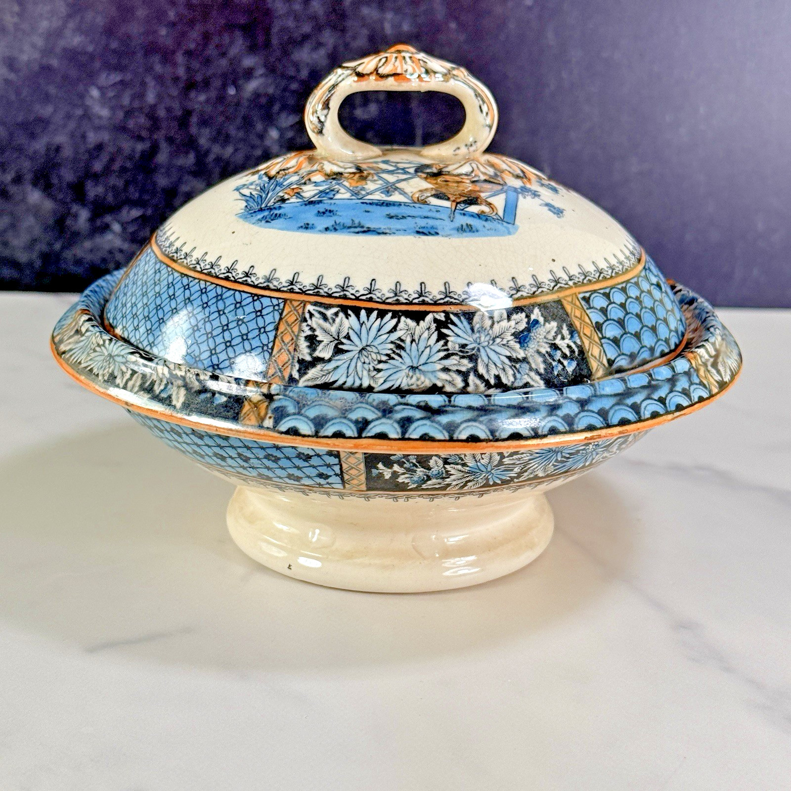 Antique Copeland Spode Transferware KEW Covered Master Butter Dome Dish 3 Pcs