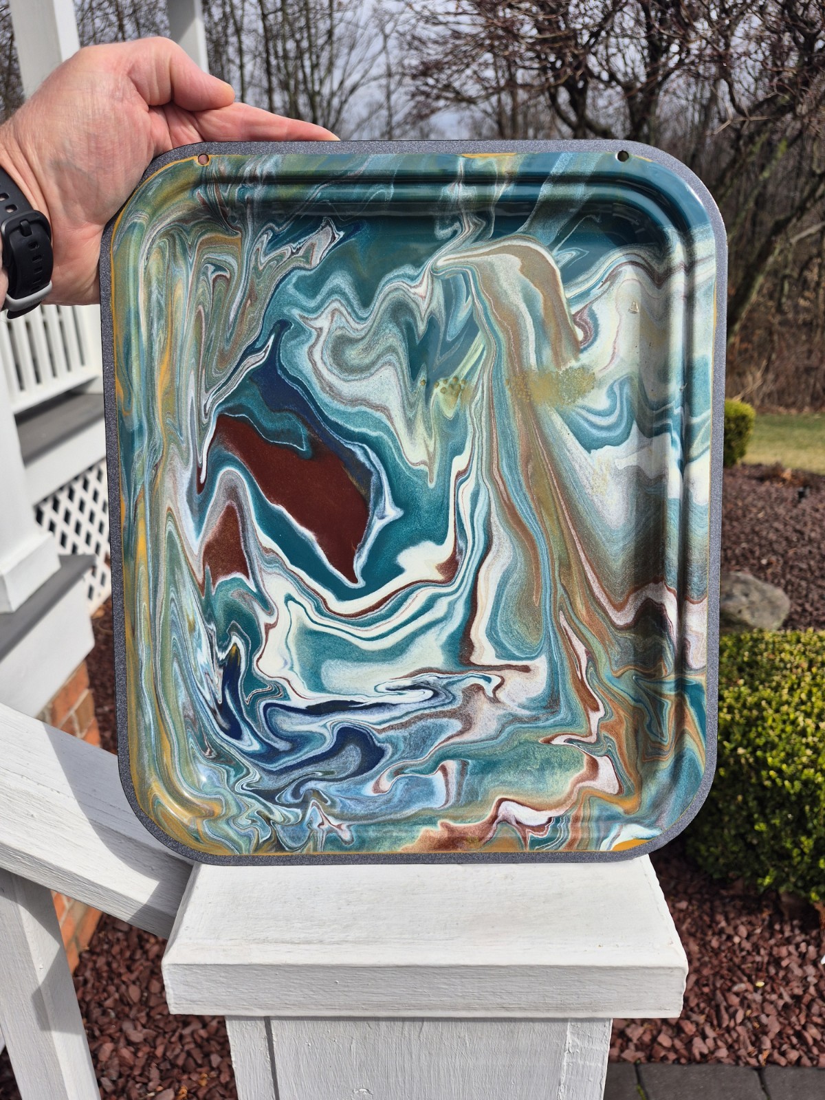 RARE Antique Green & MULTI-COLOR ” Swirl ” Graniteware Enamelware Tray / Pan