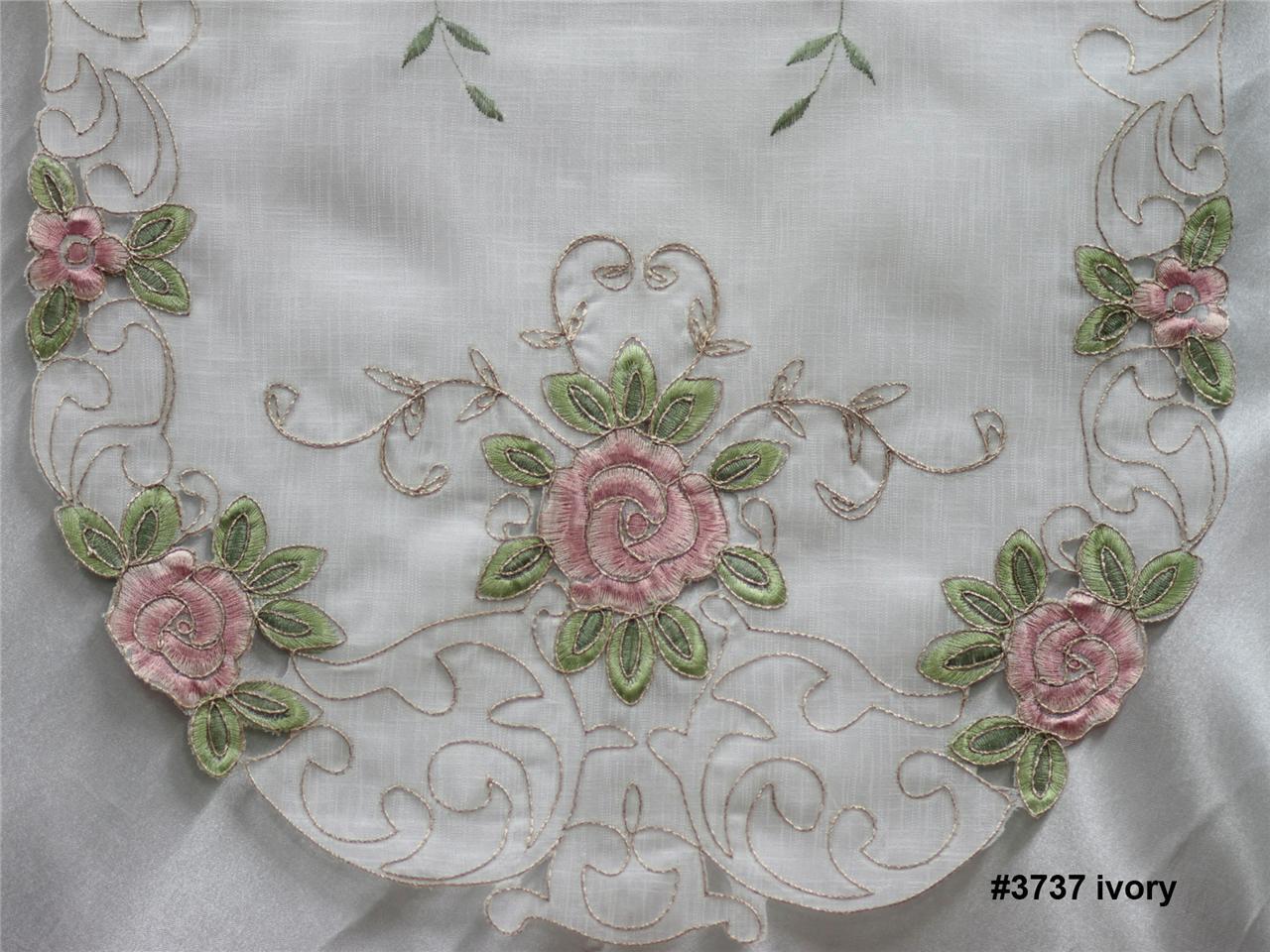 Spring Embroidered Pink Rose Floral Sheer Table Runner 15×70″ oval New #3737W