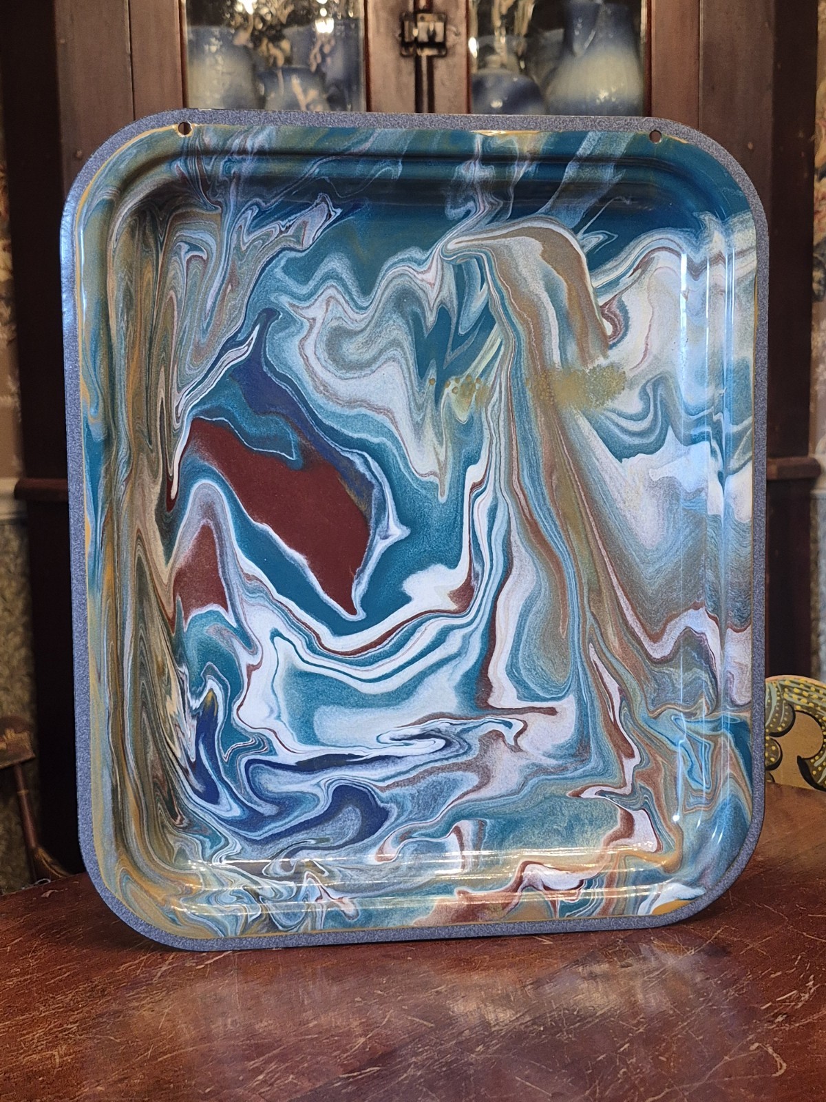 RARE Antique Green & MULTI-COLOR ” Swirl ” Graniteware Enamelware Tray / Pan