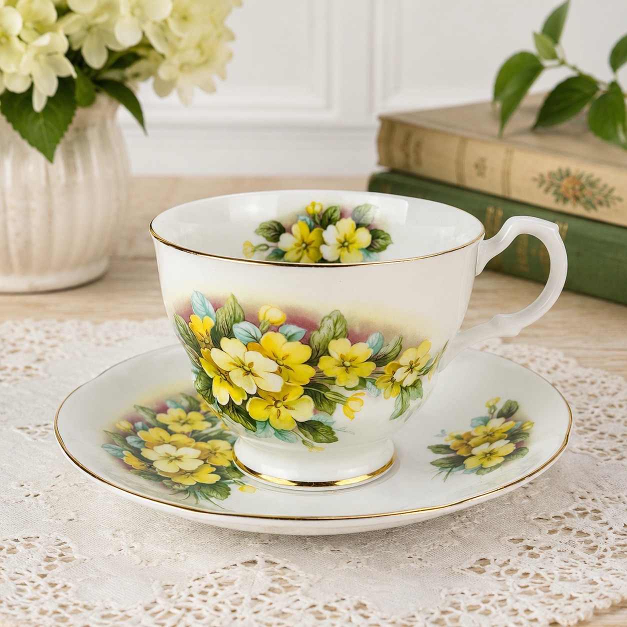 Vintage Queen’s Rosina Yellow Primrose Bone China Teacup Saucer England