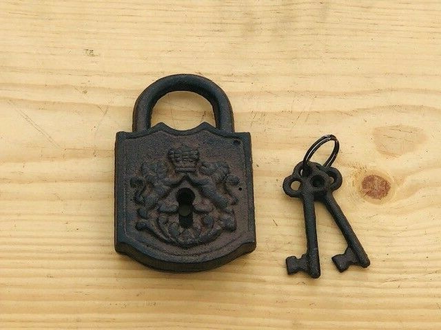 Cast Iron Lock And Key Set Large Antique Vintage Look Finish Prop Skeleton Key