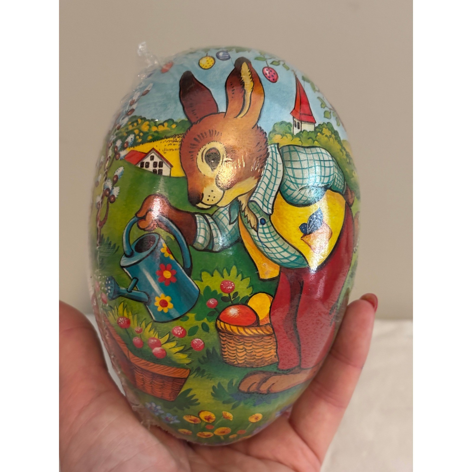 Vintage German Papier-Mache Easter Egg Bunny Gardener Candy Container Fillable