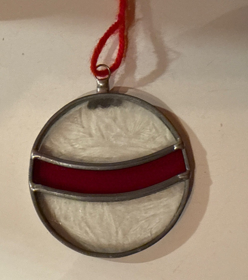 Stained Glass Ornament, Red Stripe. Icy Glass