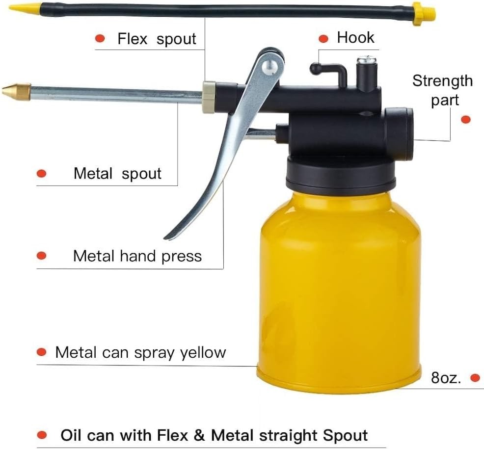 Hand Pump Oiler Can Professional Level 8oz Capacity with Metal Long Flex Spout