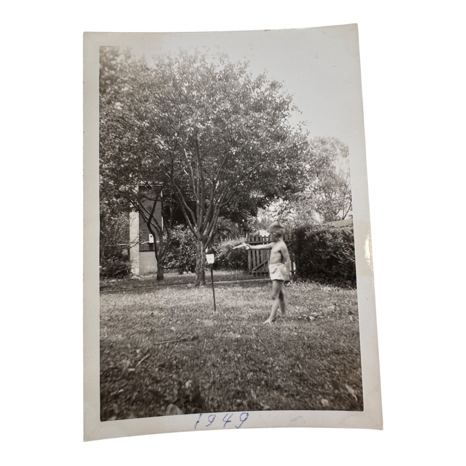 1940s Boy Playing Cap Gun Backyard Snapshot Photo