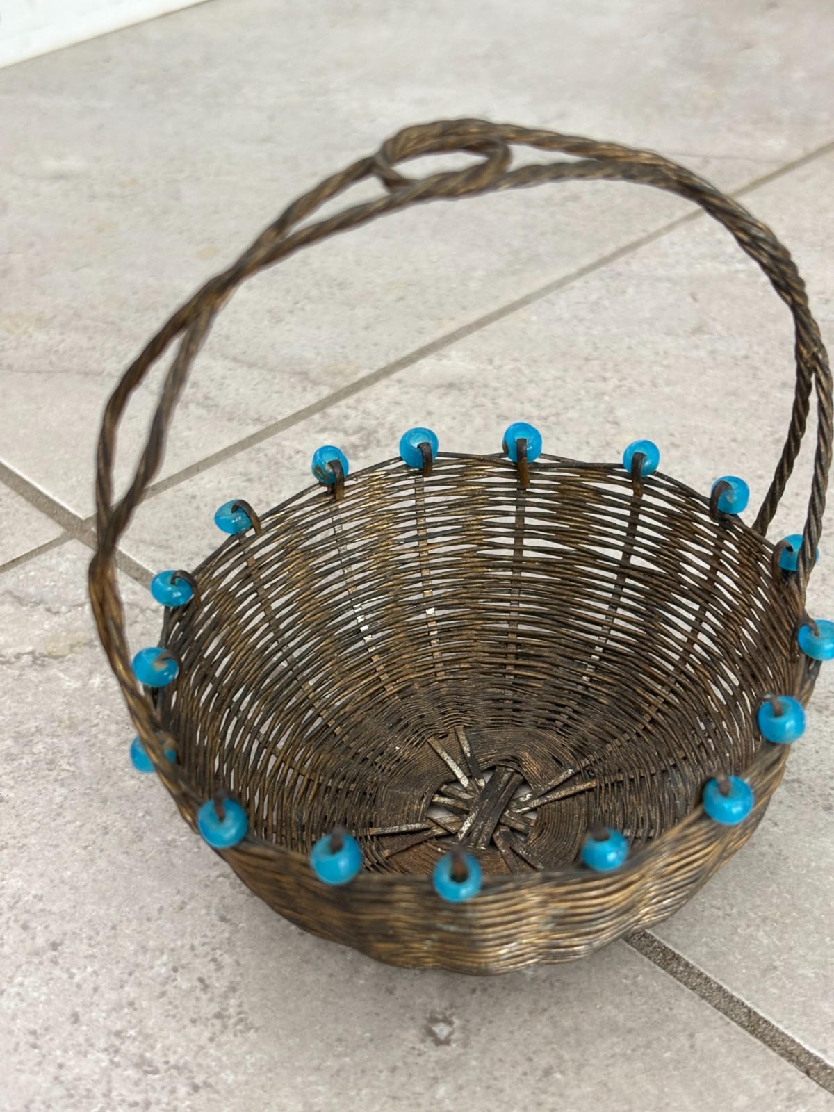 Antique 1800s Germany Silverplate Woven Metal Blue Bead Round Candy Basket Small