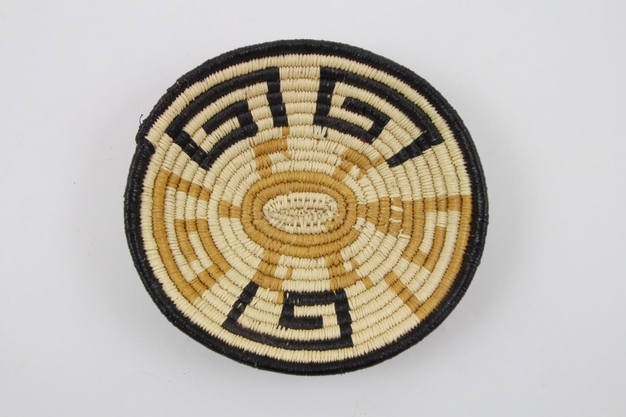 Sm. Handwoven Southwestern Geometric Coil Basket Bowl Trinket Dish Turtle Motif