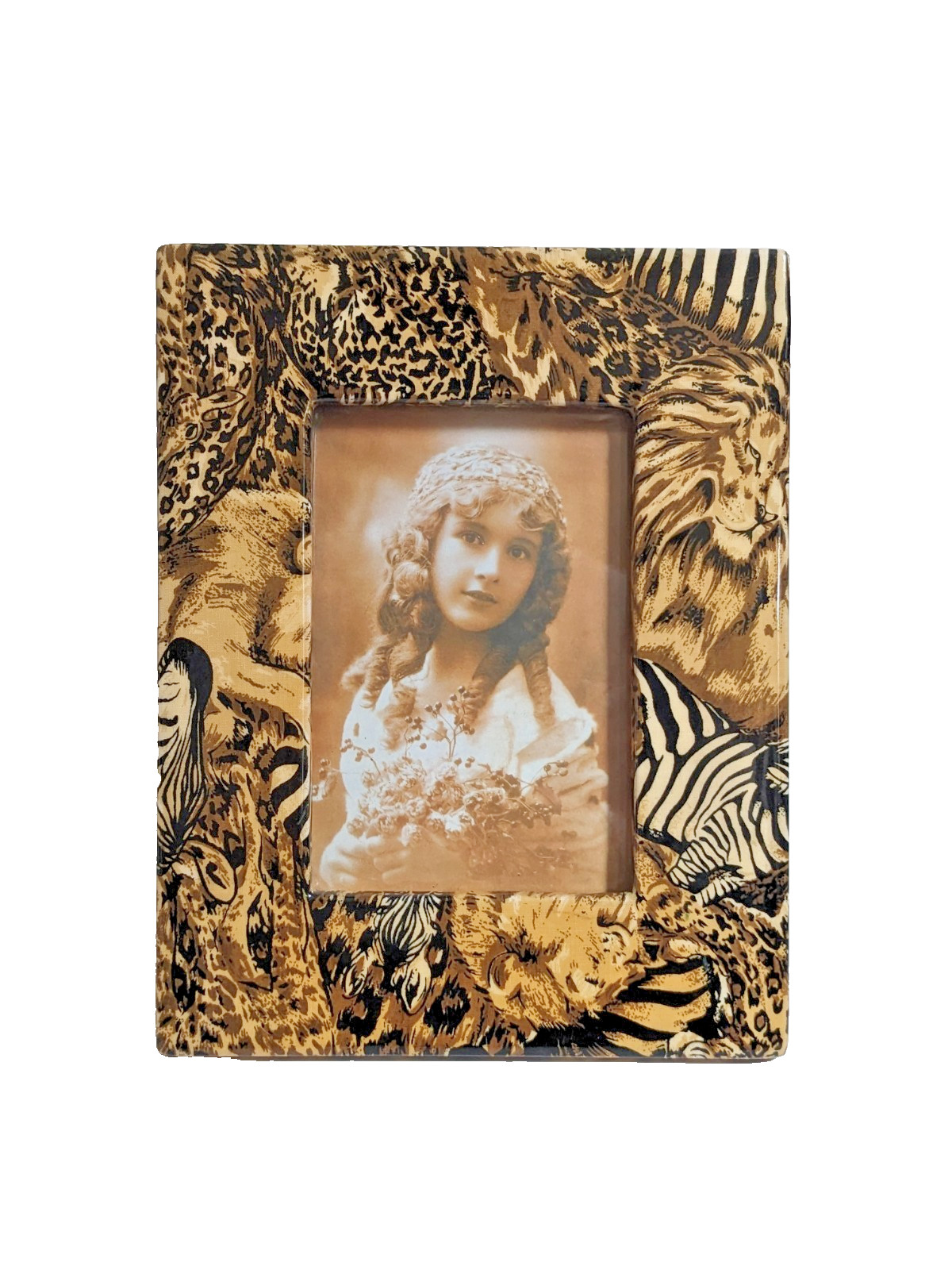 Vintage 1990’s Safari Animal Picture Frame Lion Zebra Leopard Print 9.5×7.5″