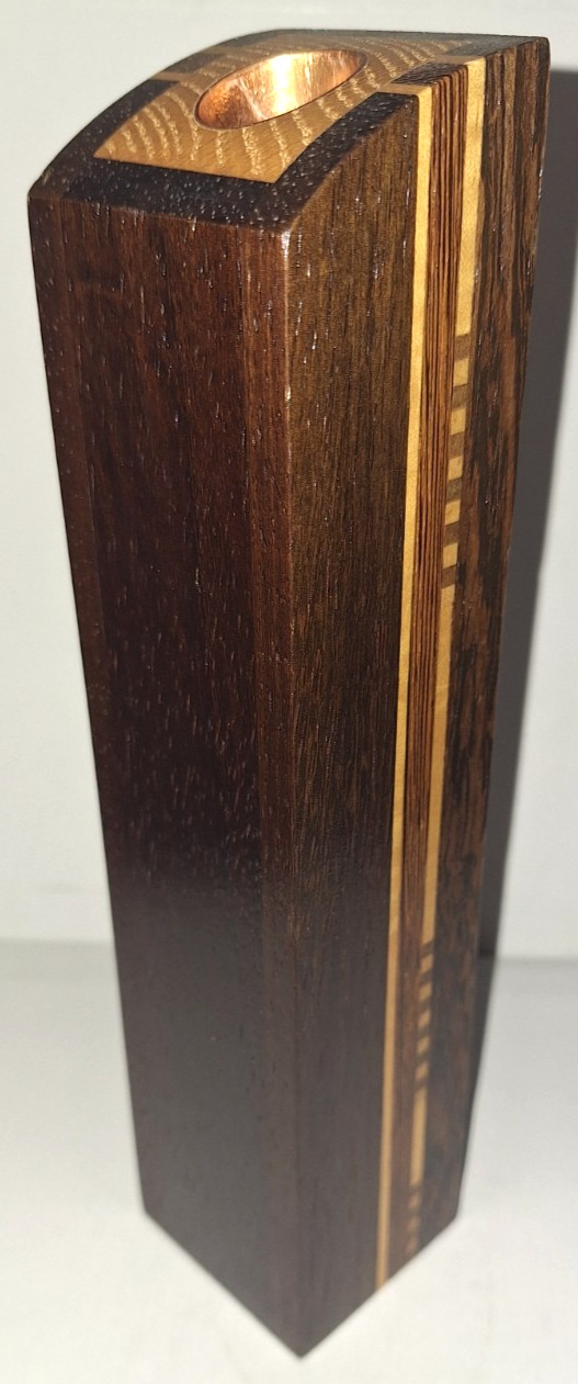 VTG ARTS & CRAFTS HAND FITTED 8.75″ WOOD MARQUETRY BUD VASE w/COPPER INSERT