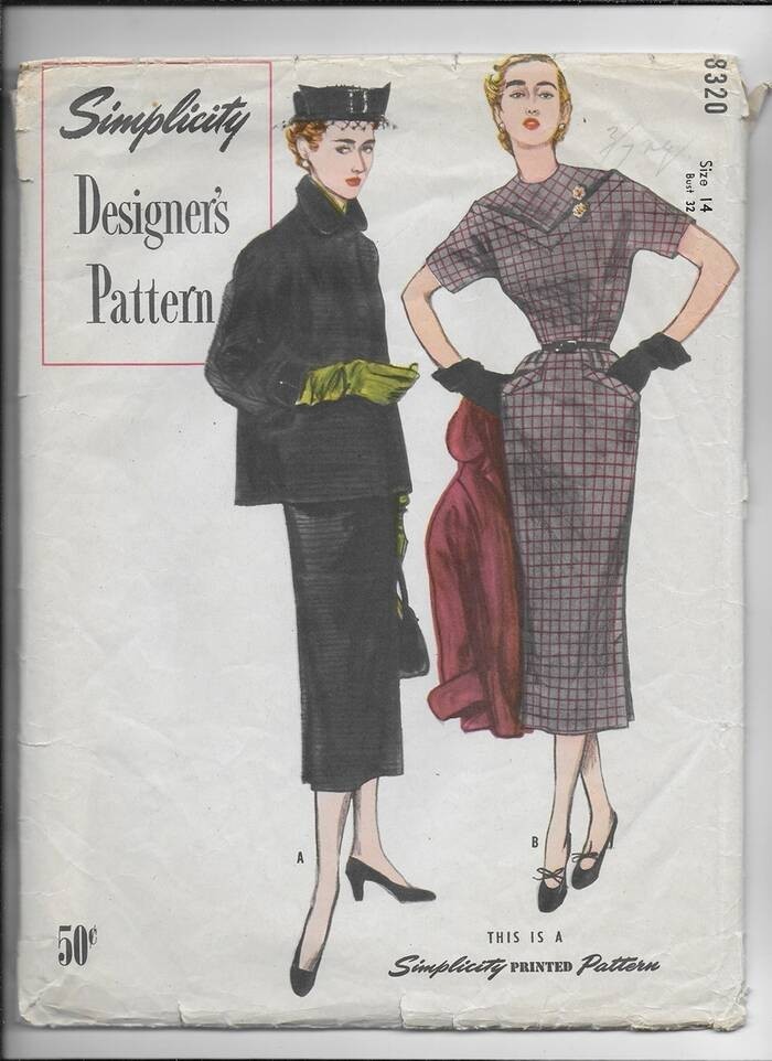 1950s Simplicity Designer Pattern 8320 DRESS & JACKET Size 14 B32 Large Envelope