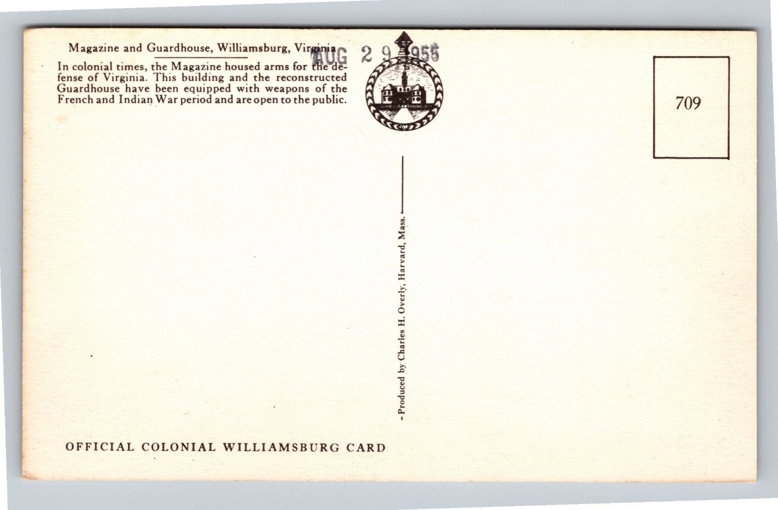 1956 Colonial Williamsburg Magazine Guardhouse Sketch Postcard Charles H. Overly