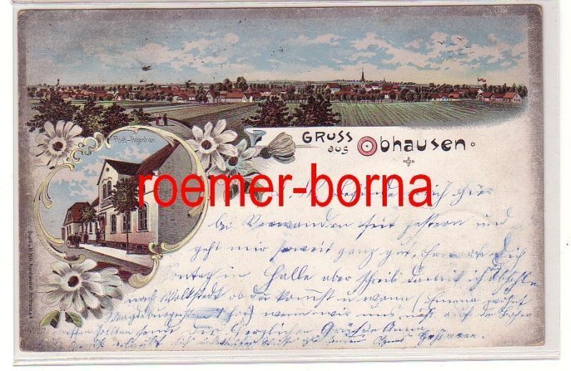 80287 Postcard Lithograph Greetings from Obhausen Total View and Post Agency 1901