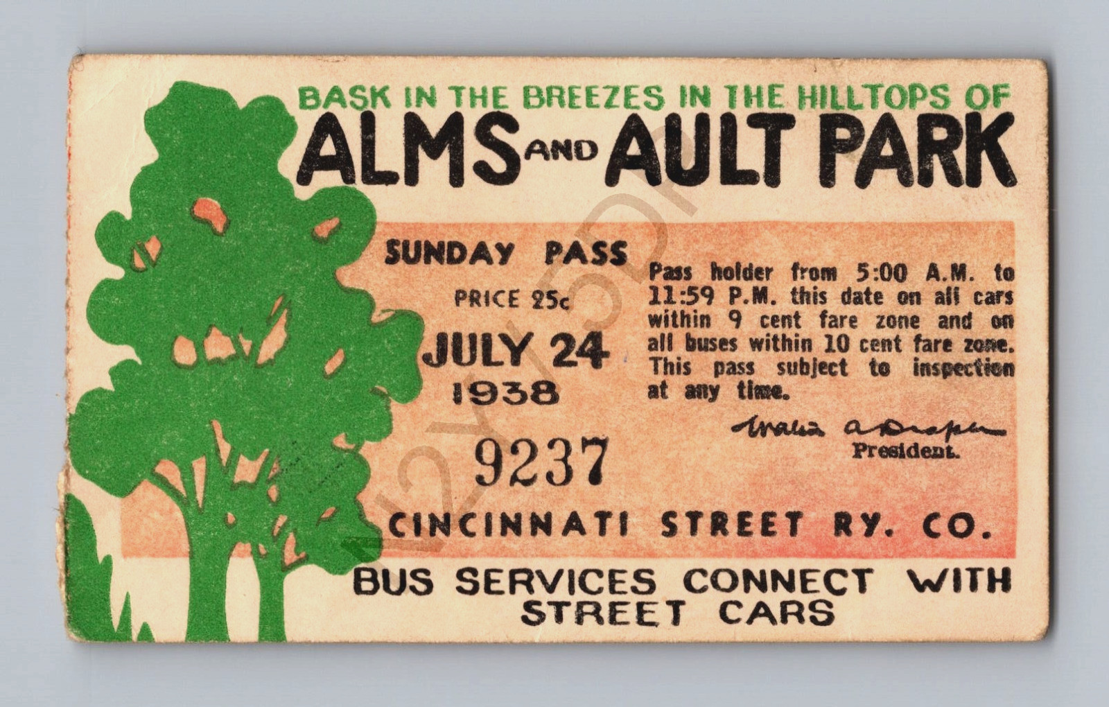 1938 Alms Ault Park Sunday Pass Cincinnati Street Railyard Trolly Streetcar VTG