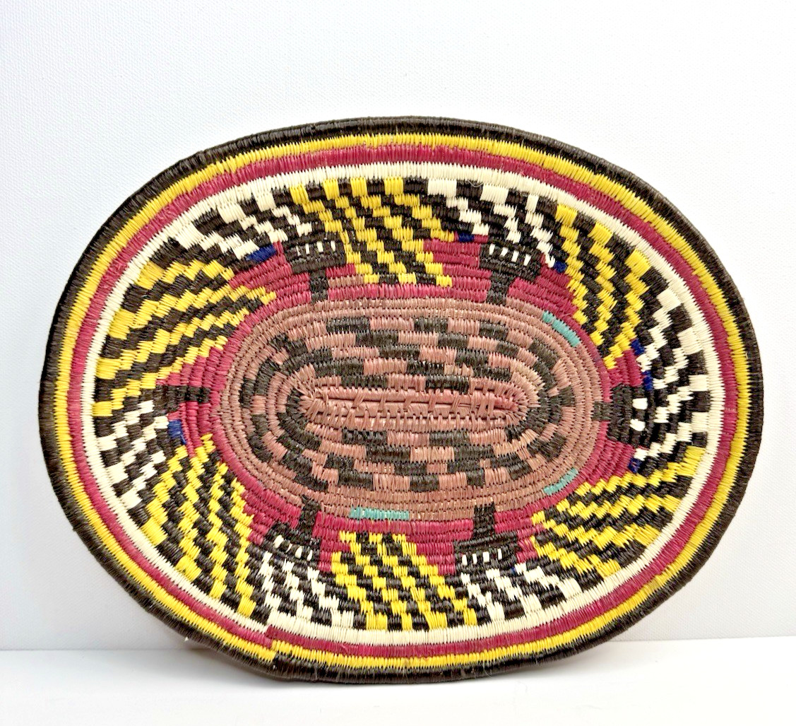 Vintage Coil Basket Tray Orange Brown Yellow Handmade Hand Woven 10″ x 8″
