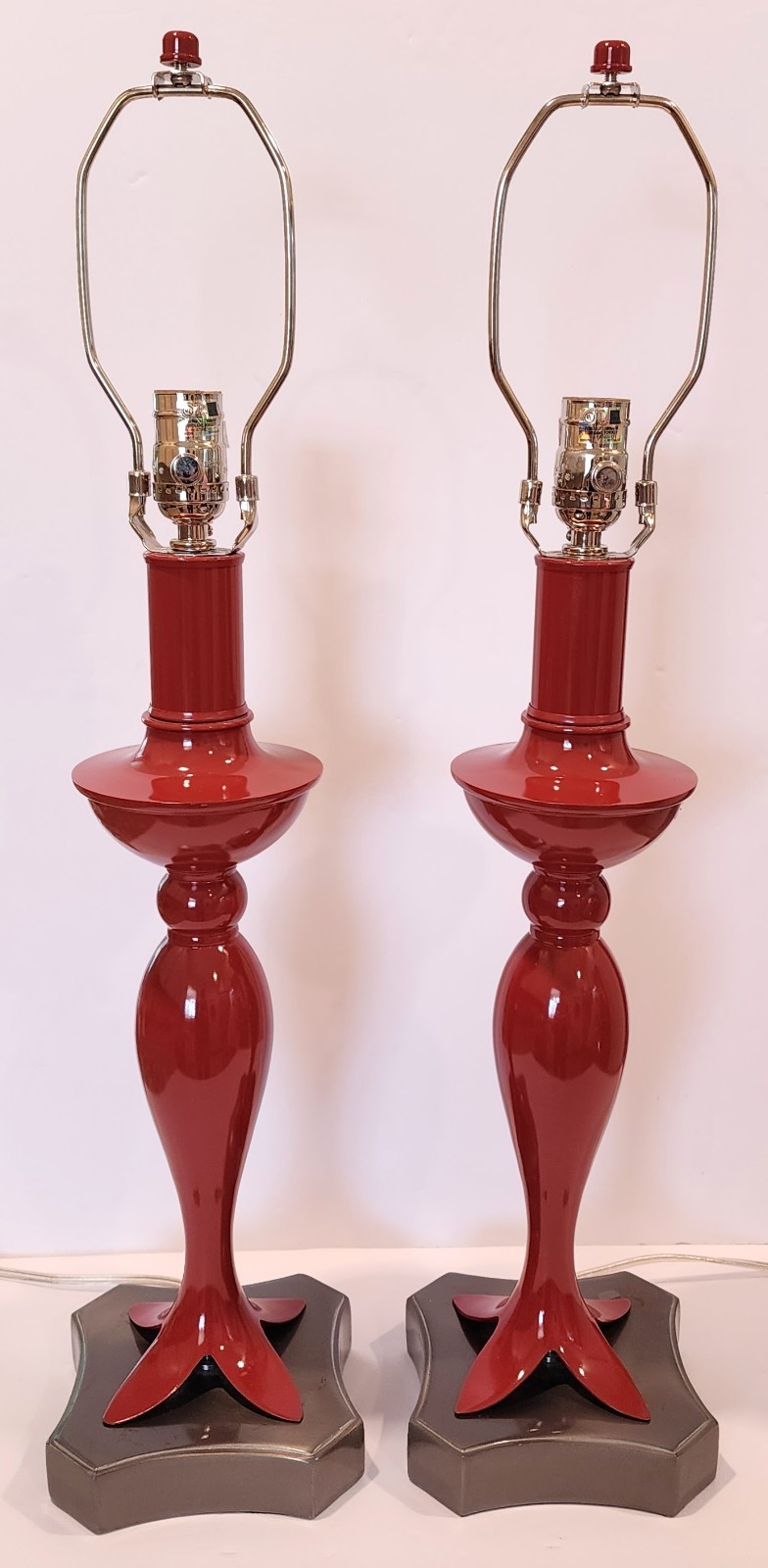 STIFFEL Pair (2) Table Lamps Gloss Rust Orange/Red & Satin Nickel *Imperfections
