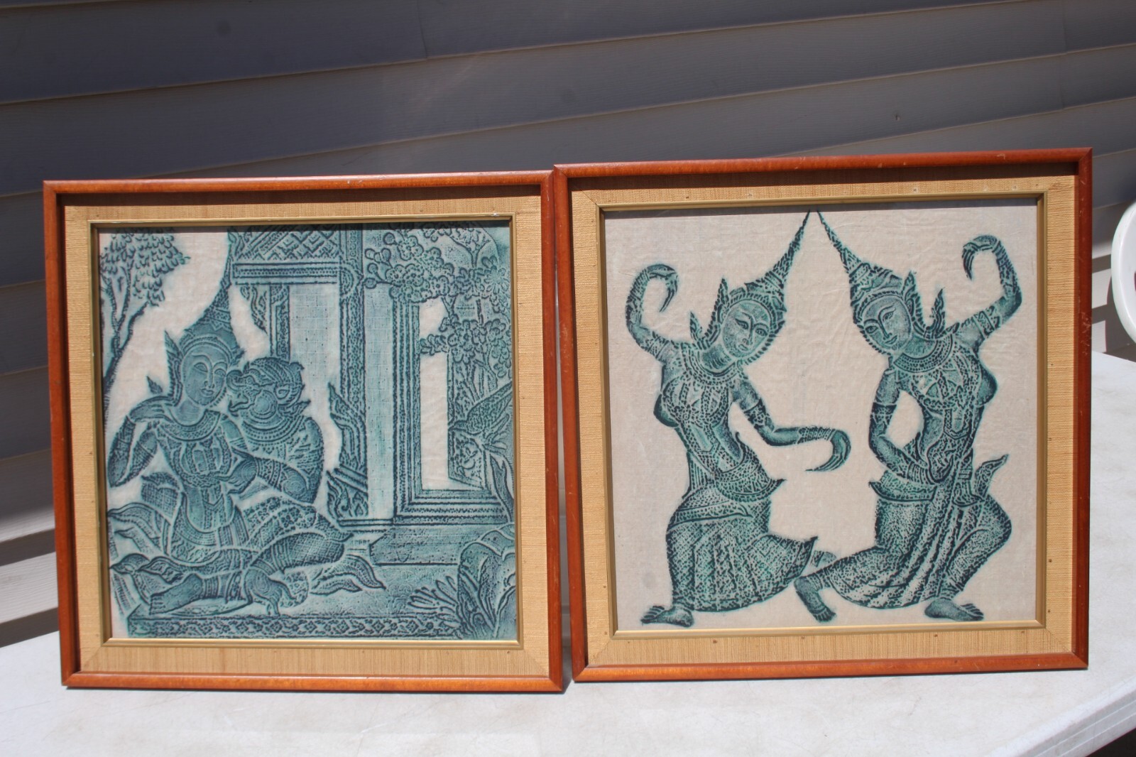 Pair 2 Mid Century Thai Charcoal Rubbing Paper Art Framed Temple Dancers 20″x20″