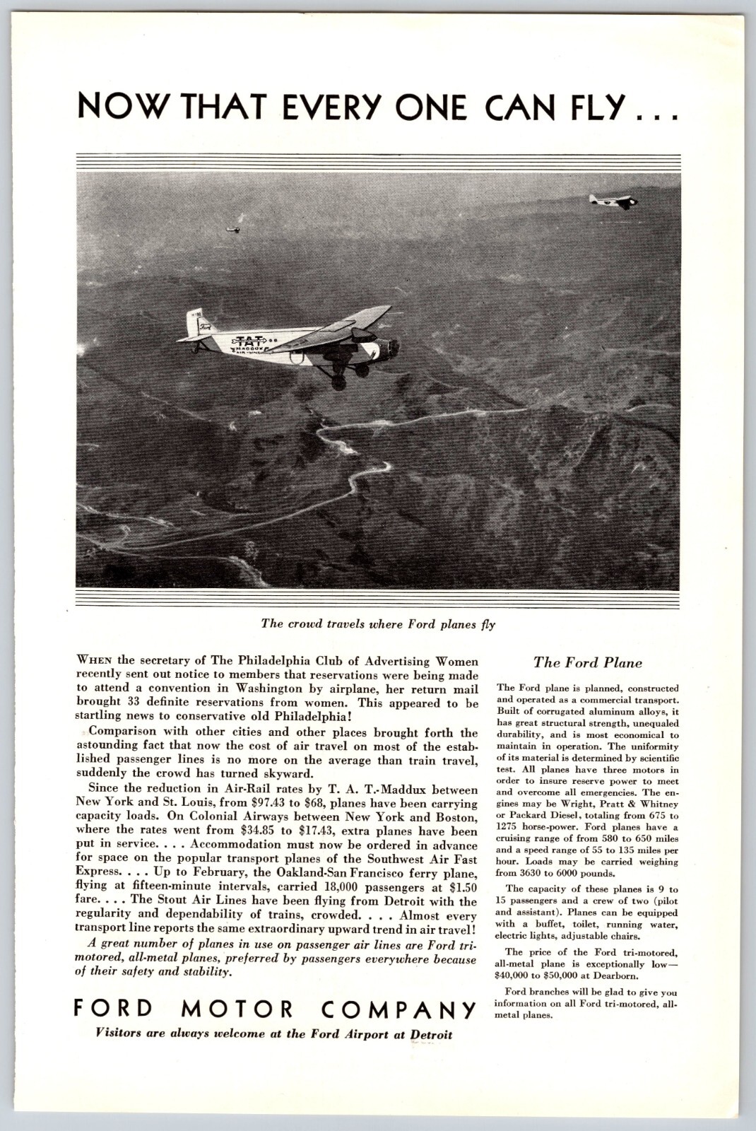 1930 Print Ad Ford Motor Company Now That Everyone Can Fly Ford Planes Detroit