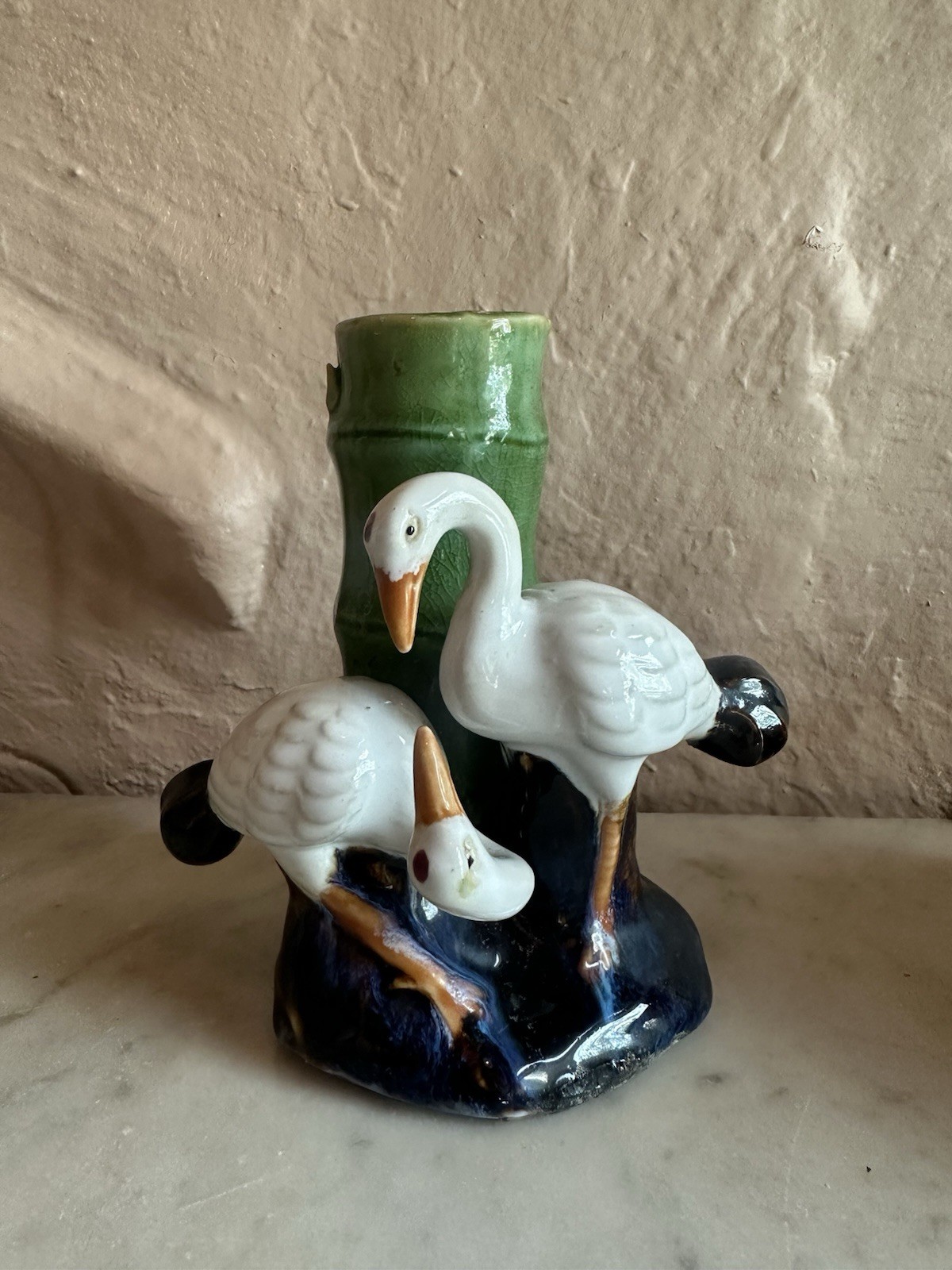 Vintage Hand Painted Ceramic Bamboo Vase with Cranes