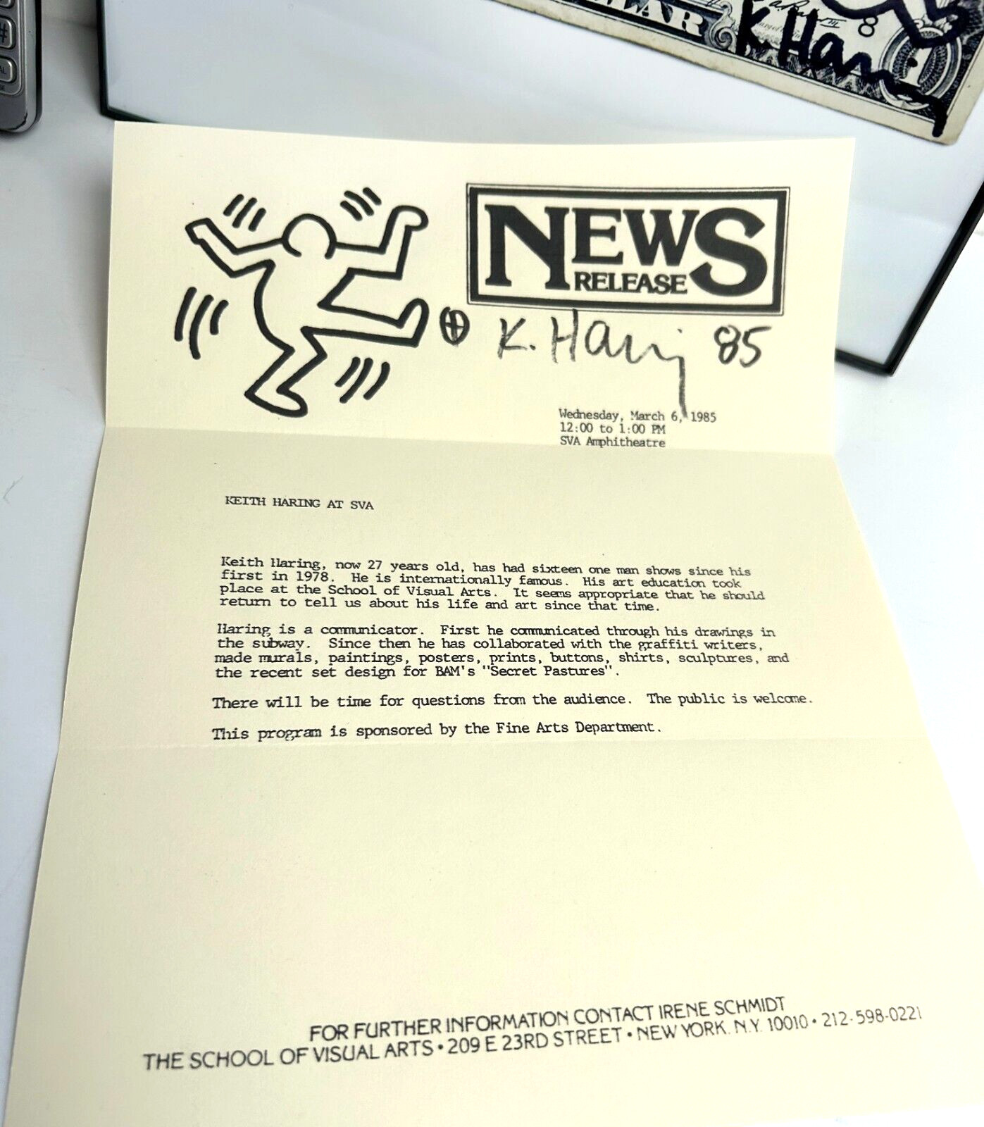 KEITH HARING – Signed Dollar Bill 1987 w/ Signed Flyer 1985 two Red Hearts