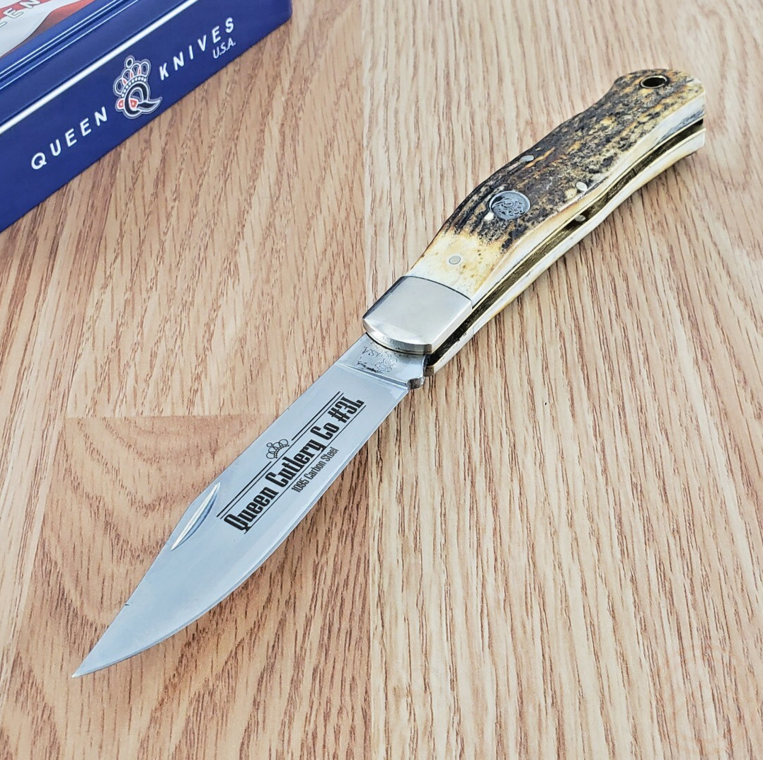 Queen Folding Knife Satin 1095HC Steel Clip Point Blade Burnt Stag Horn Handle